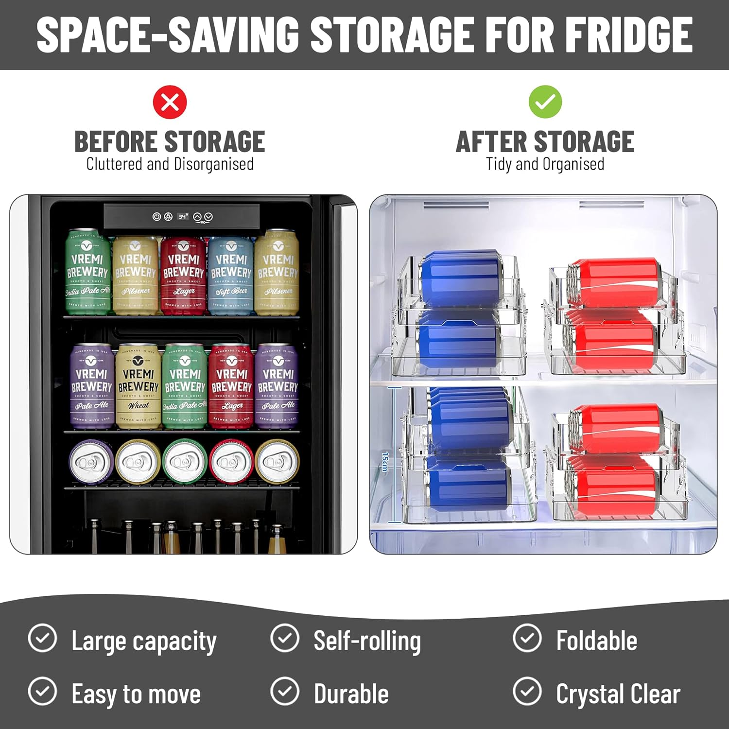 Can Rolling Dispenser, Can Holder, 2-Tier Fridge Organiser, Drink Dispenser, Beer Storage, Soda Drink Storage, Beverage Dispenser, for Fridge Kitchen Home Freezer Pantry Countertop Cabinets image number 2