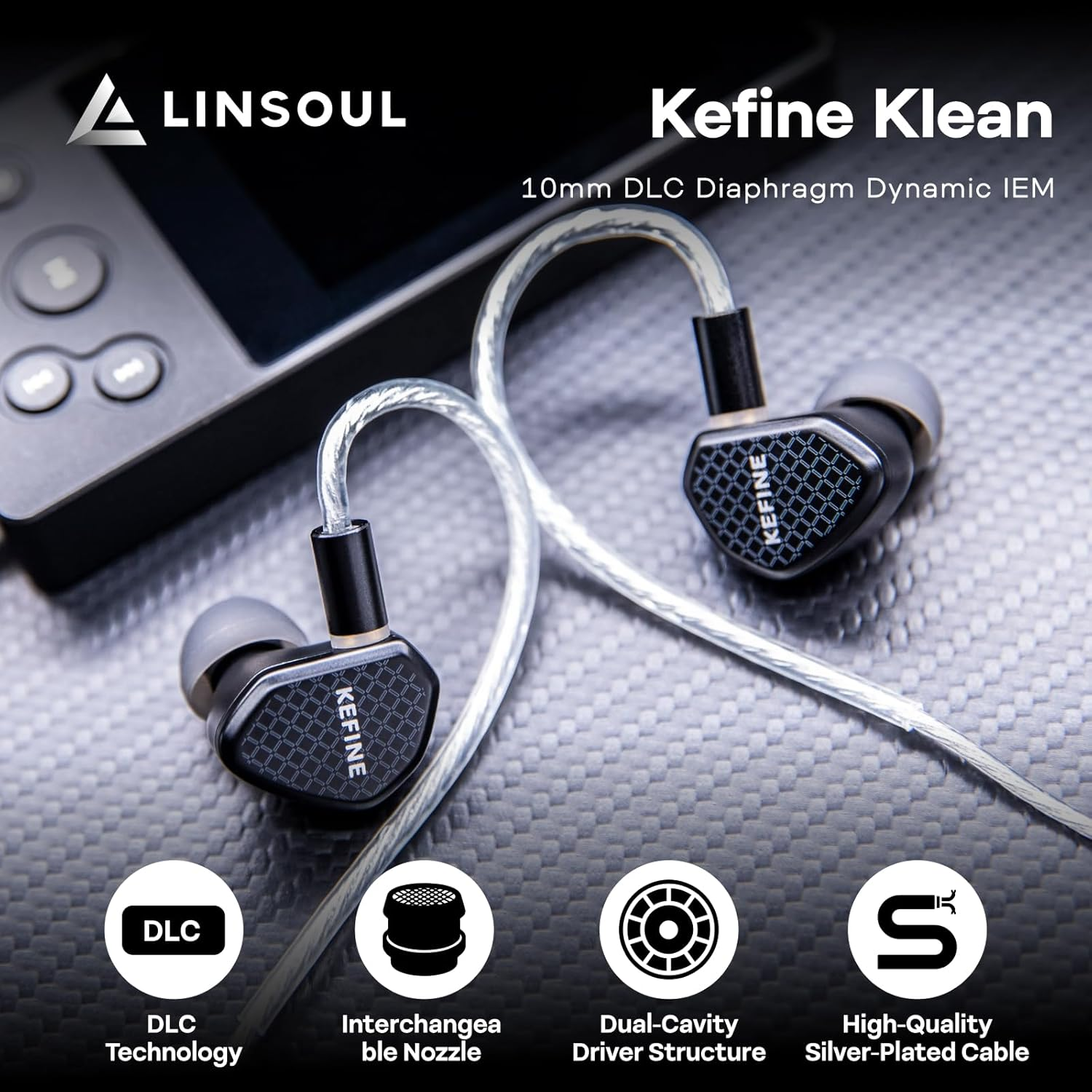 Linsoul Kefine Klean in Ear Monitor,10Mm DLC Diaphragm Dynamic Driver Hifi Earphones,Wired Gaming Earbuds,Replaceable Nozzles,Detachable Silver-Plated Cable for Audiophile (No Mic 3.5Mm, Black) image number 3