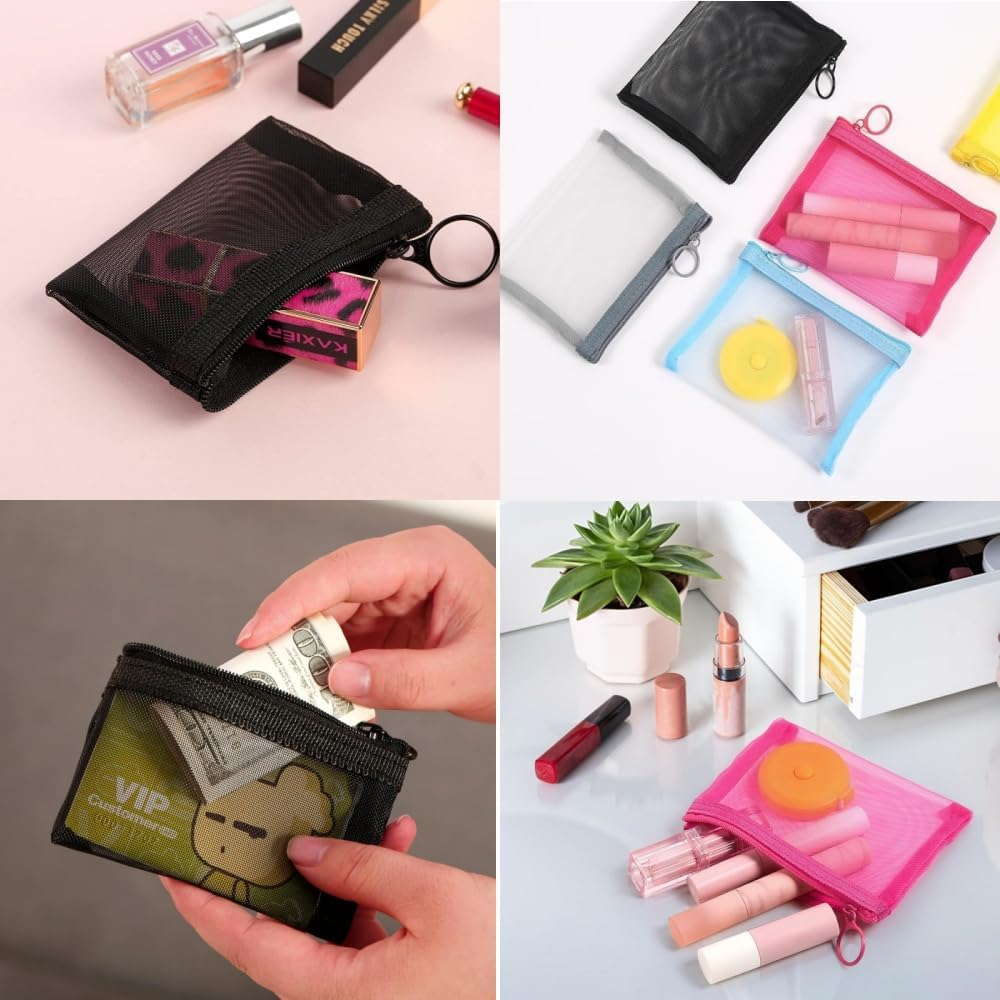 5 Pack Mini Zipper Mesh Bags, Portable Travel Cosmetic Pouch Kit Beauty Accessories Holder Bag Storage Coin Purse for Small Items Key (5-Color) image number 1