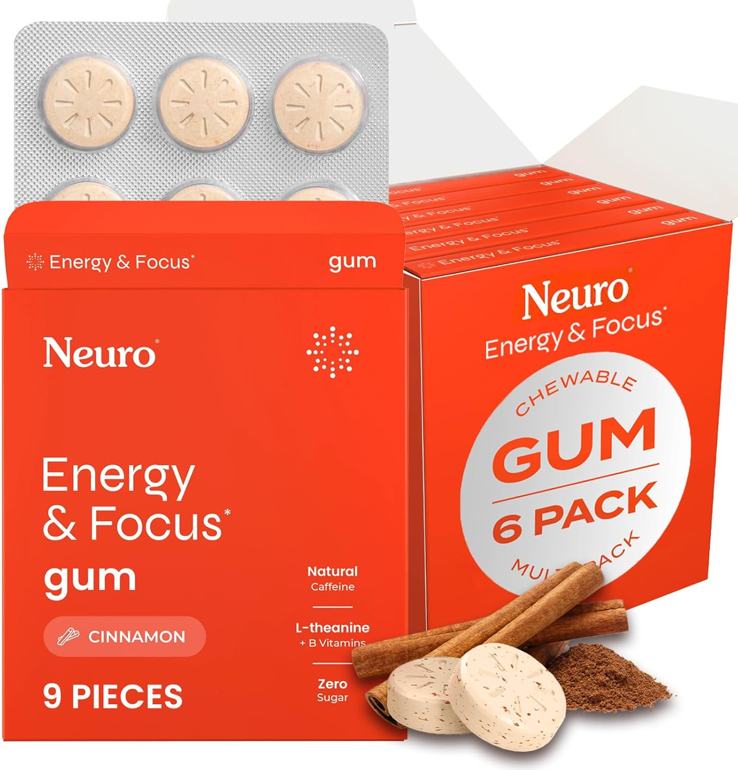 Neurogum Energy Caffeine Gum (54 Pieces) - Sugar Free with L-Theanine + Natural Caffeine + Vitamin B12 & B6 - - Keto & Vegan, Cinnamon Flavor image number 4