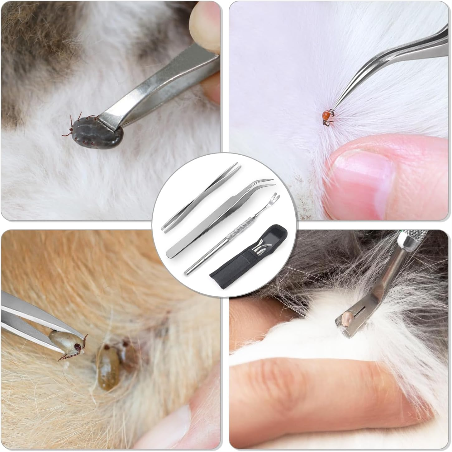 Qcdou Tick Tweezers, Tick Remover, Set of 3, with Stainless Steel Tick Tweezers, Tick Hooks, Tick Removal, Storage Bag, Tick Removal for Dogs, Cats, People image number 3