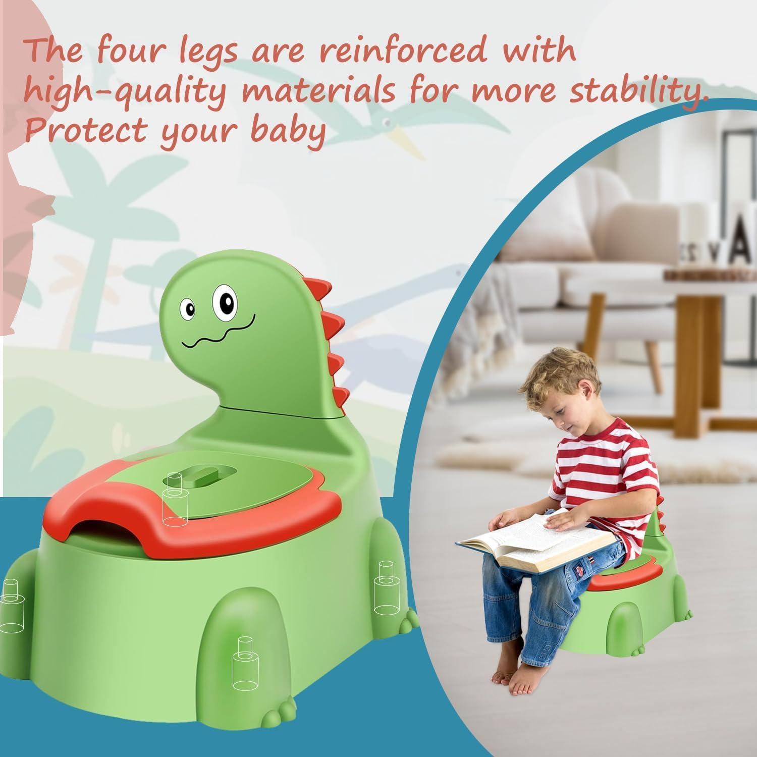 Dinosaur Potty Training Seat - Comfortable Toddler Potty Toilet Seat with Non-Slip Mat, Backrest & Soft Lid, Portable Potty Training Chair for Boys & Girls 1-6 Years (Lime Green) - Classic Red image number 7