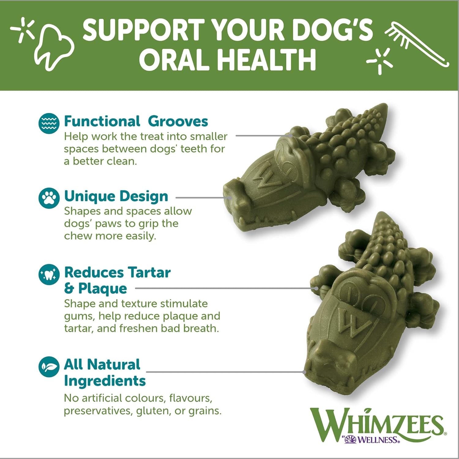 WHIMZEES Alligator Dental Dog Treats, Daily Bag, Medium (12-18 Kg Dogs), Natural Daily Dental Chews (Pack of 6) image number 5