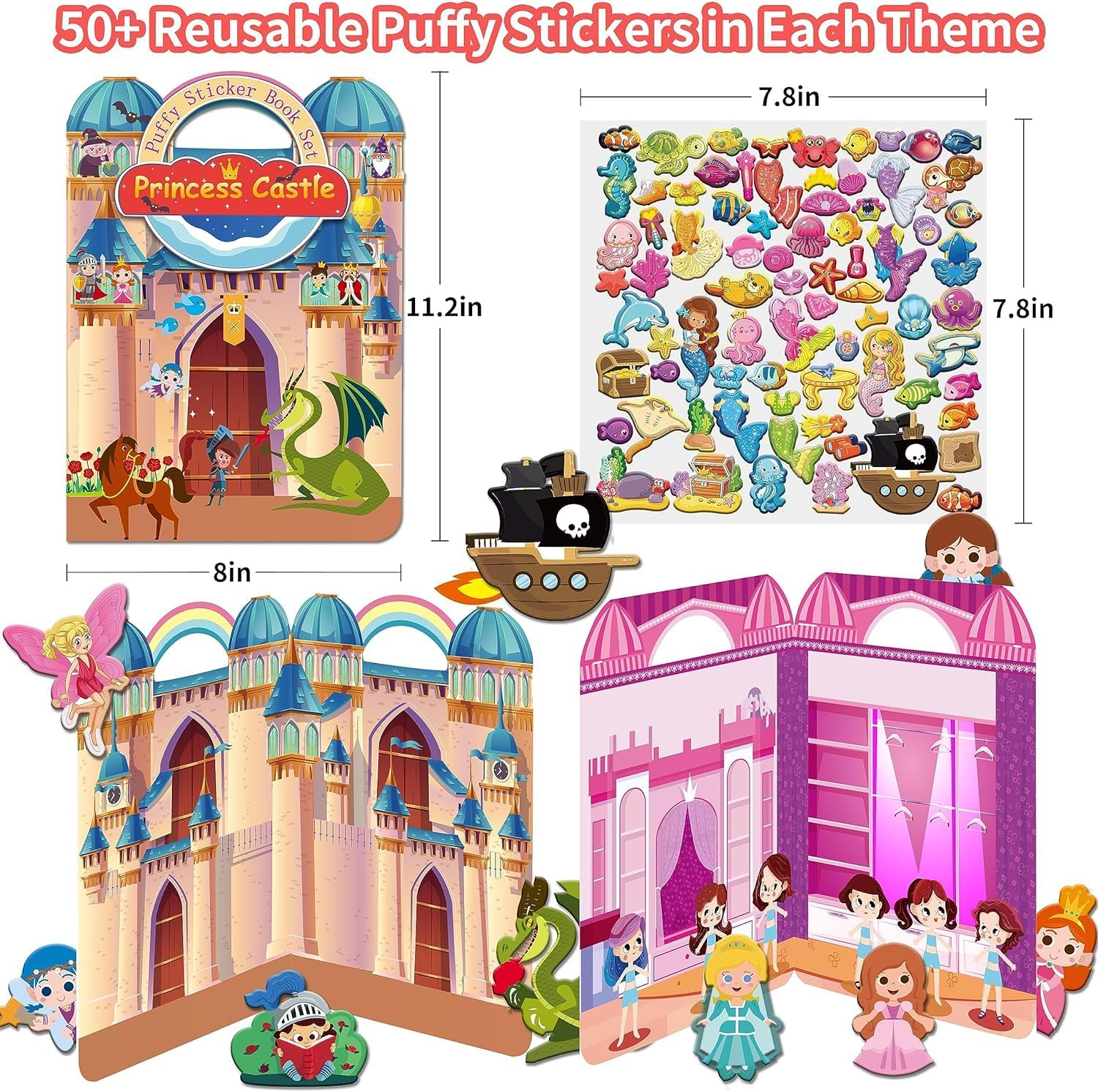 4 Set 3D Reusable Puffy Sticker Books for Kids 3-8, Stickers Pads for Kids Ages 2-4, Include Fashion Girl, Mermaid, Princess Castle, Fairytale Garden, Girls Party Favors image number 2