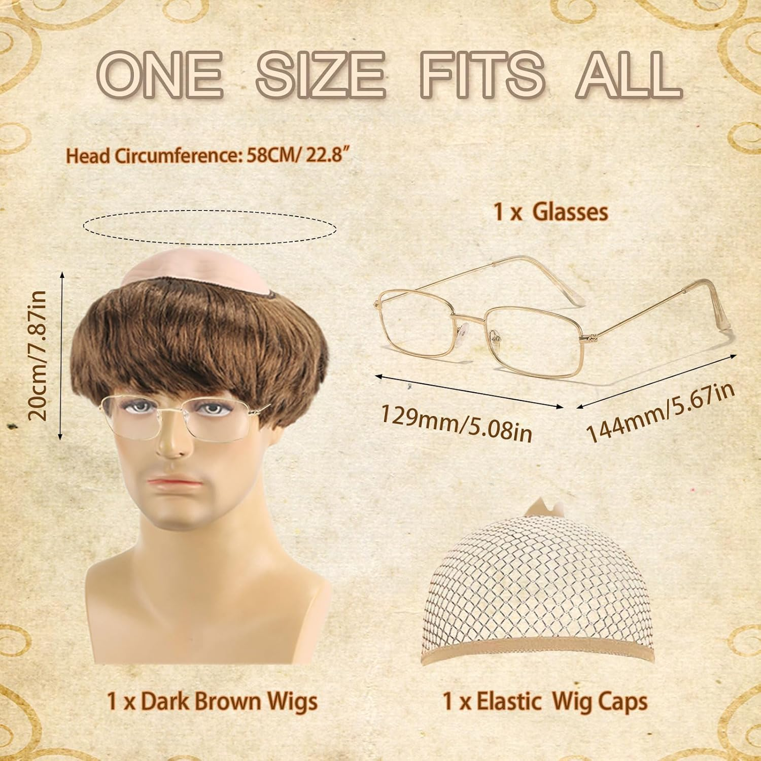 Bald Head Cap Funny Wig for Adults Men Women, Latex Bald Wig Cap Grandpa Glasses, Monk Costumes with Brown Friar Hair Bowl Cut, Men'S Old Man Fancy Dress up Party Halloween Cosplay (Brown) image number 5