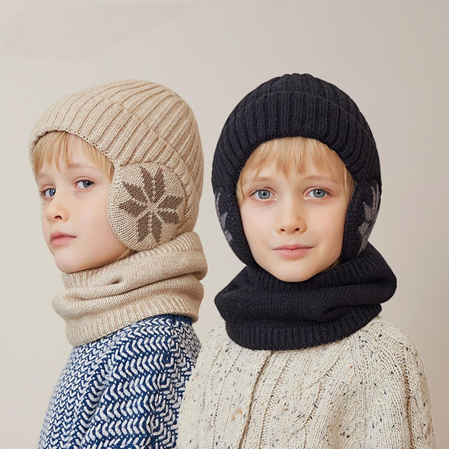 4-10 Years Kids Winter Knitted Earflap Cap Scarf Set Fleece Lined Earflap Beanies Hat Cosy Baby Warm Hat with Neck Warmer Windproof Outdoor Ski Beanies Cap Knitted Crochet Cap Children Handmade Hat image number 4