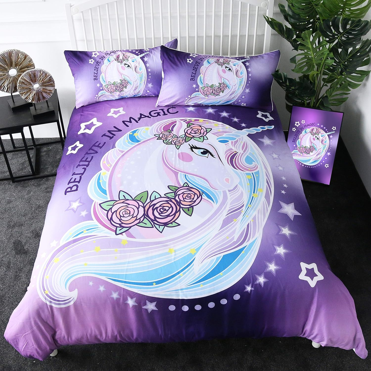 Sleepwish Purple Aqua Unicorn Bedding Kids Girls Rose Unicorn Flower Duvet Cover Dreamy Cartoon Bed Set 3 Pieces (Double) image number 1