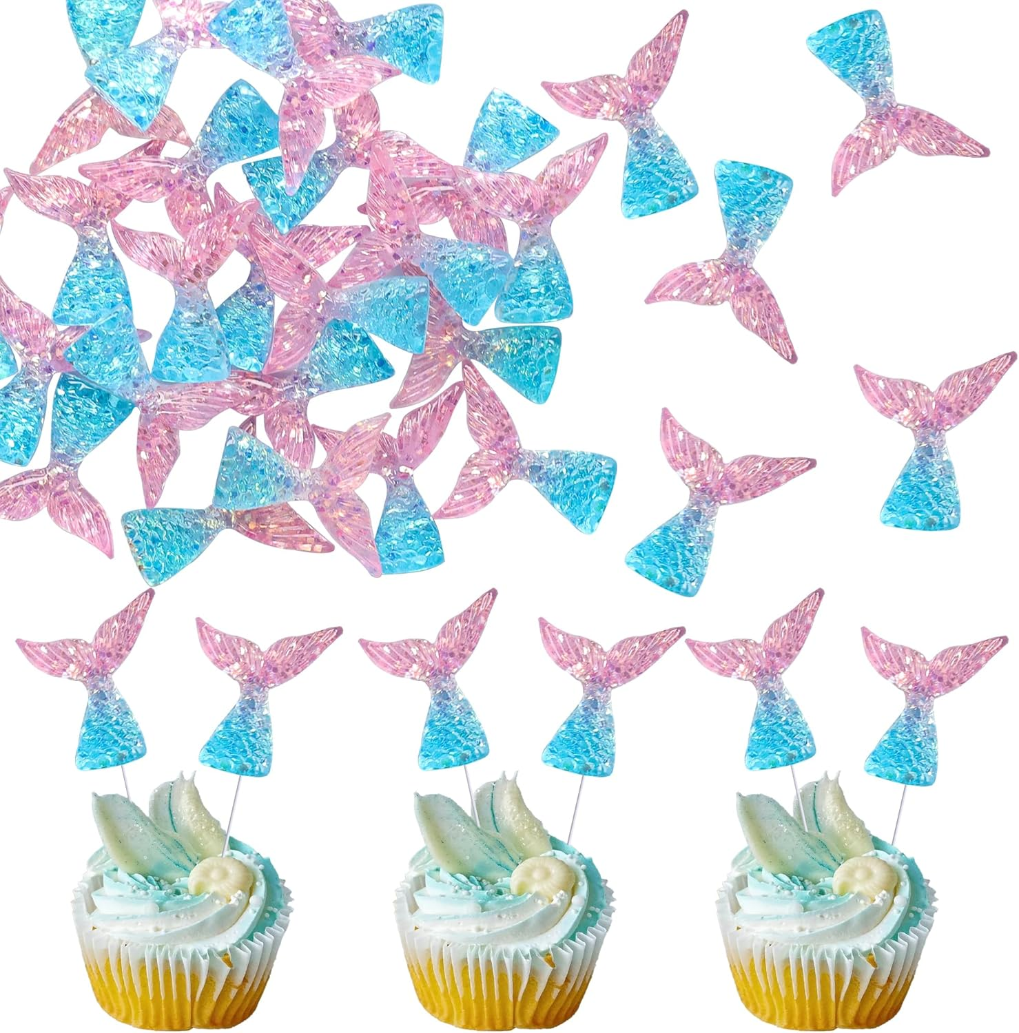 Ephlyn 24Pcs Acrylic Mermaid Tails Cupcake Toppers Mini Wrappers Mermaid Tail Figurines Cake Decorations for Mermaid Party Birthday Party Baby Shower Party Supplies Favors Blue Silver