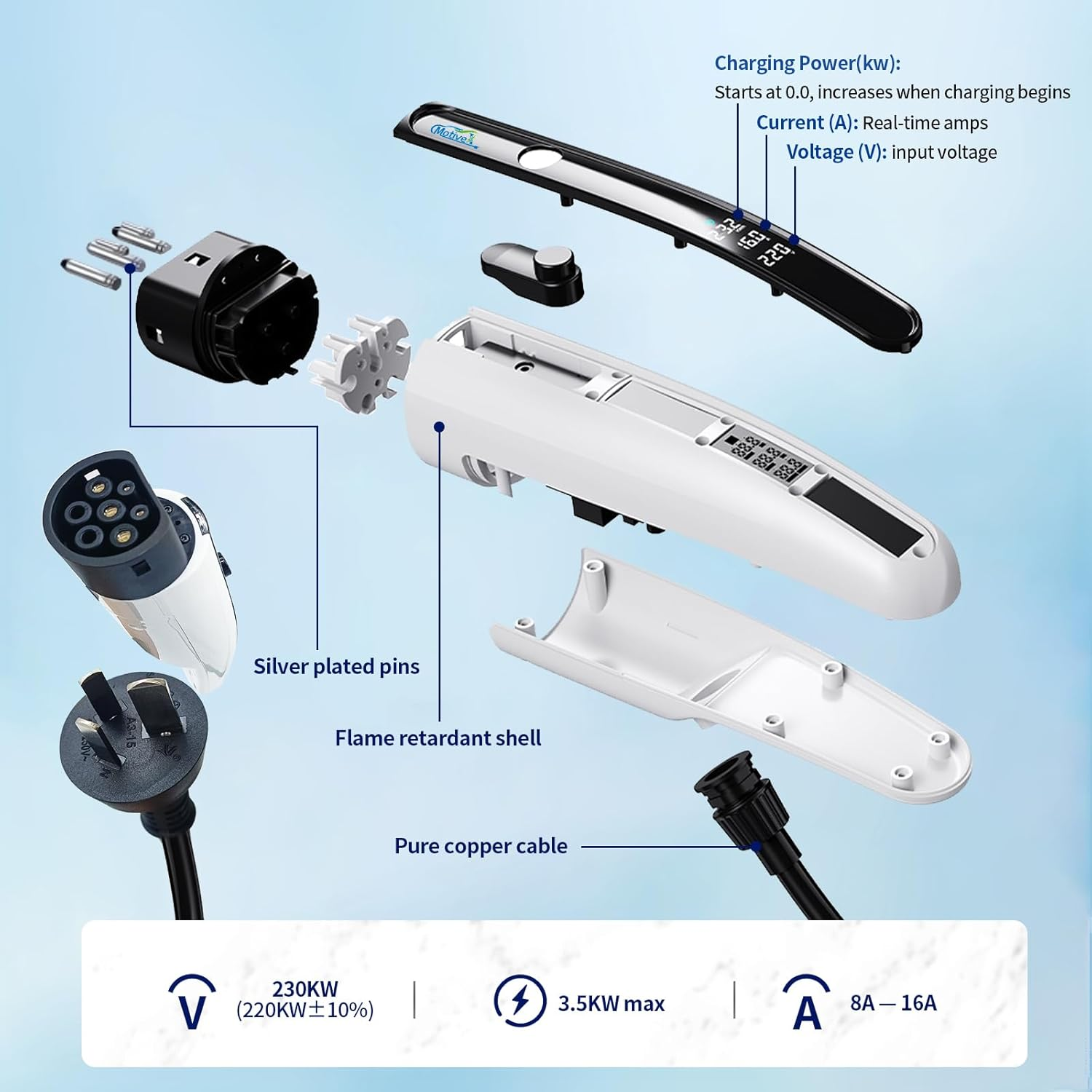 Type 2 EV Charger, 3.5KW, 5M Cable, Adjustable Current (8A-16A), Compatible with Tesla, BYD, MG, Volvo, Polestar and More (5M) image number 3