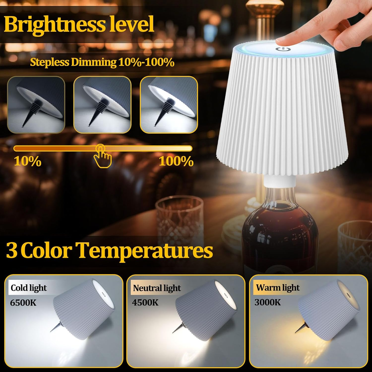 Bottle Lamp Attachment LED Rechargeable, 3 Adjustable Colour Temperature Modes, Touch Bottle Lamp, Protection Class IP54, Wireless USB Rechargeable Table Lamps, for Restaurant, Bedroom, Garden, Bar image number 5