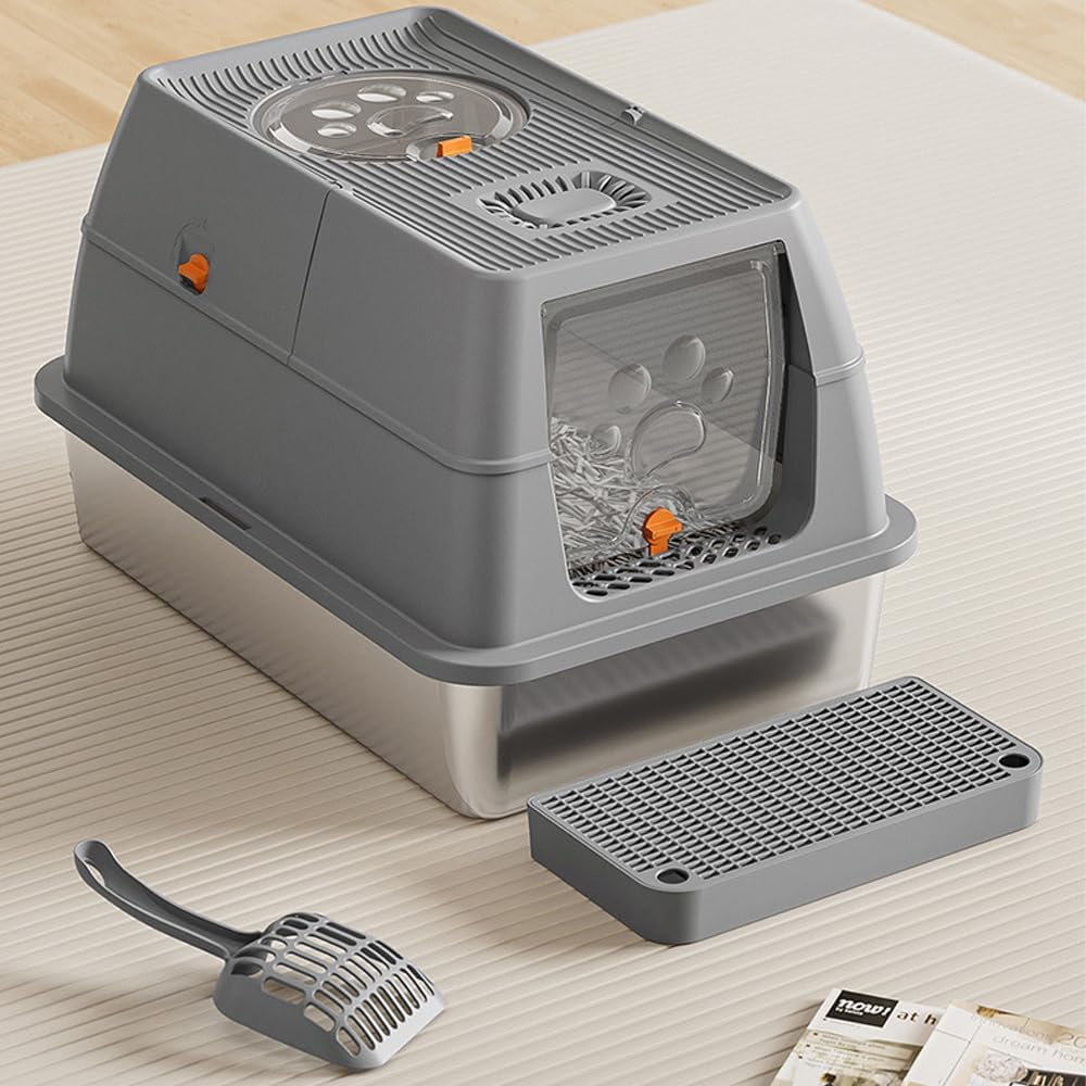 HPAMR Stainless Steel Cat Litter Box with Lid, Large Litter Box, Stainless Steel Cat Litter Box with High Side, Include Cat Mat and Scoop, Enclosed Removable Metal Litter Boxs image number 5