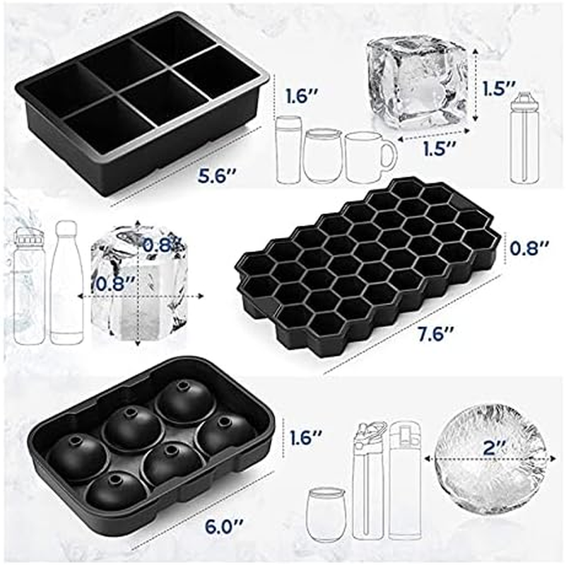 Ashintar 1 Set (3PCS) Silicone Ice Cube Trays, Large round Ice Ball Mold, Sphere Square Honeycomb Ice Trays for Whiskey Cocktails, Flexible Reusable BPA DIY Icecream Molds for Freezer image number 4