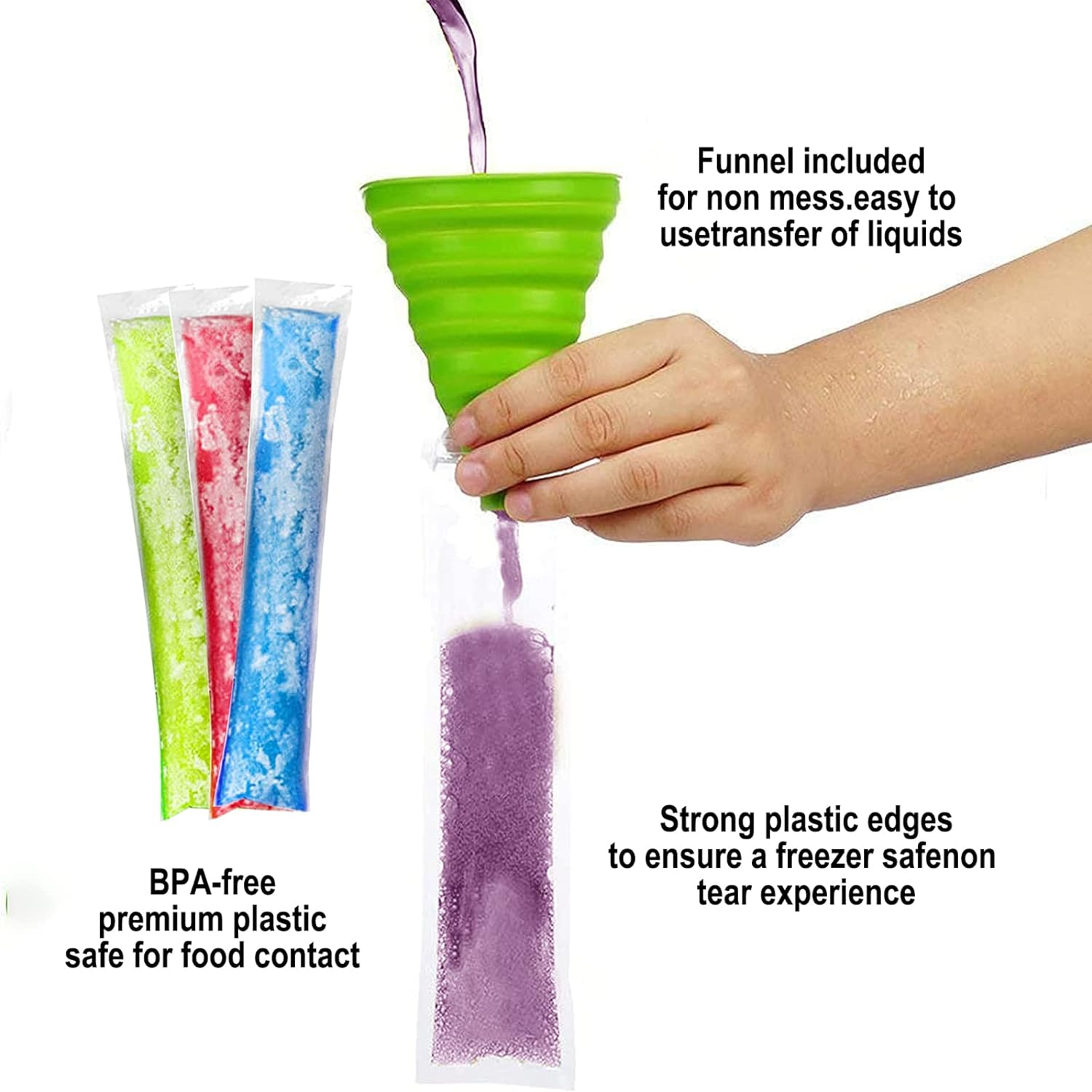 200 Pack Popsicle Bags for Disposable Freeze Pops, DIY Pouches, Yogurt Tubes, Healthy Snacks, Fruit Smoothies and Ice Party Favors with Funnel (5 X 22 Cm) image number 5