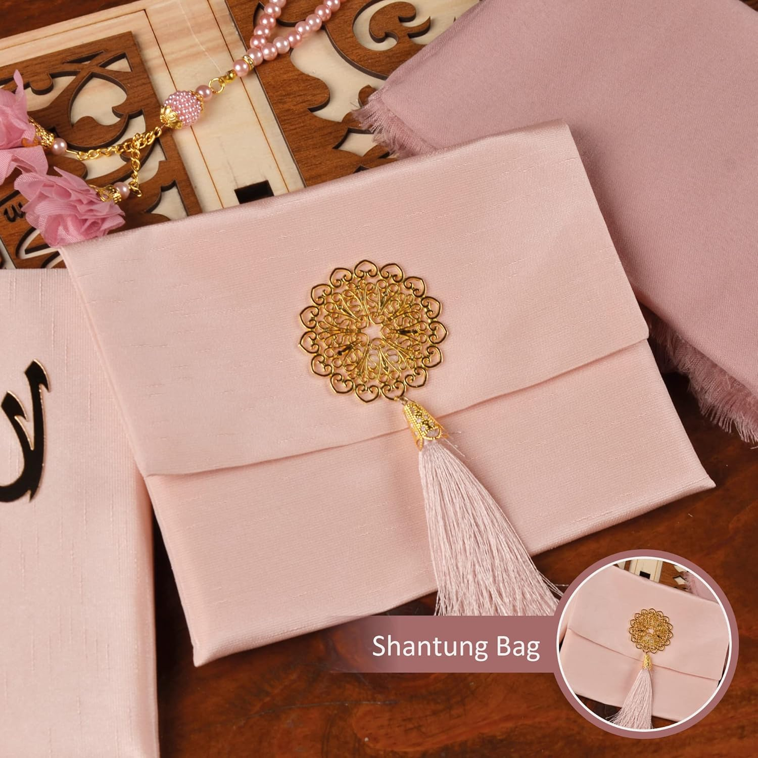 Islamic Gift Set, Velvet Prayer Mat, Prayer Beads, Shawl and Yaseen Book, Perfect Family and Eid Gifts (Pink) - Gray image number 3