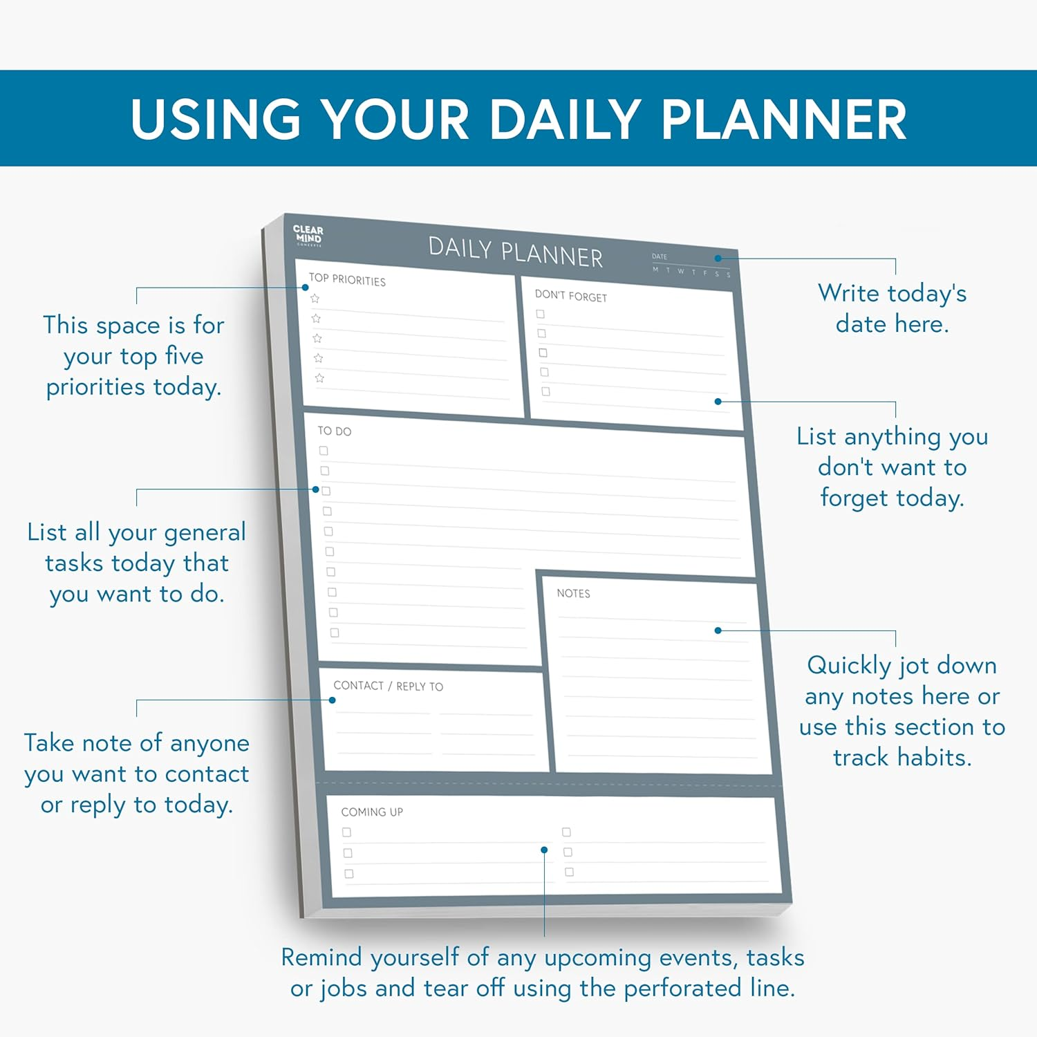 Daily Planner Desk Pad Tear off by Clear Mind Concepts &ndash; 100 Sheets 120Gsm Paper Undated for Home, Work, Office, Study, Productivity, Planning and Organising (A5) image number 5
