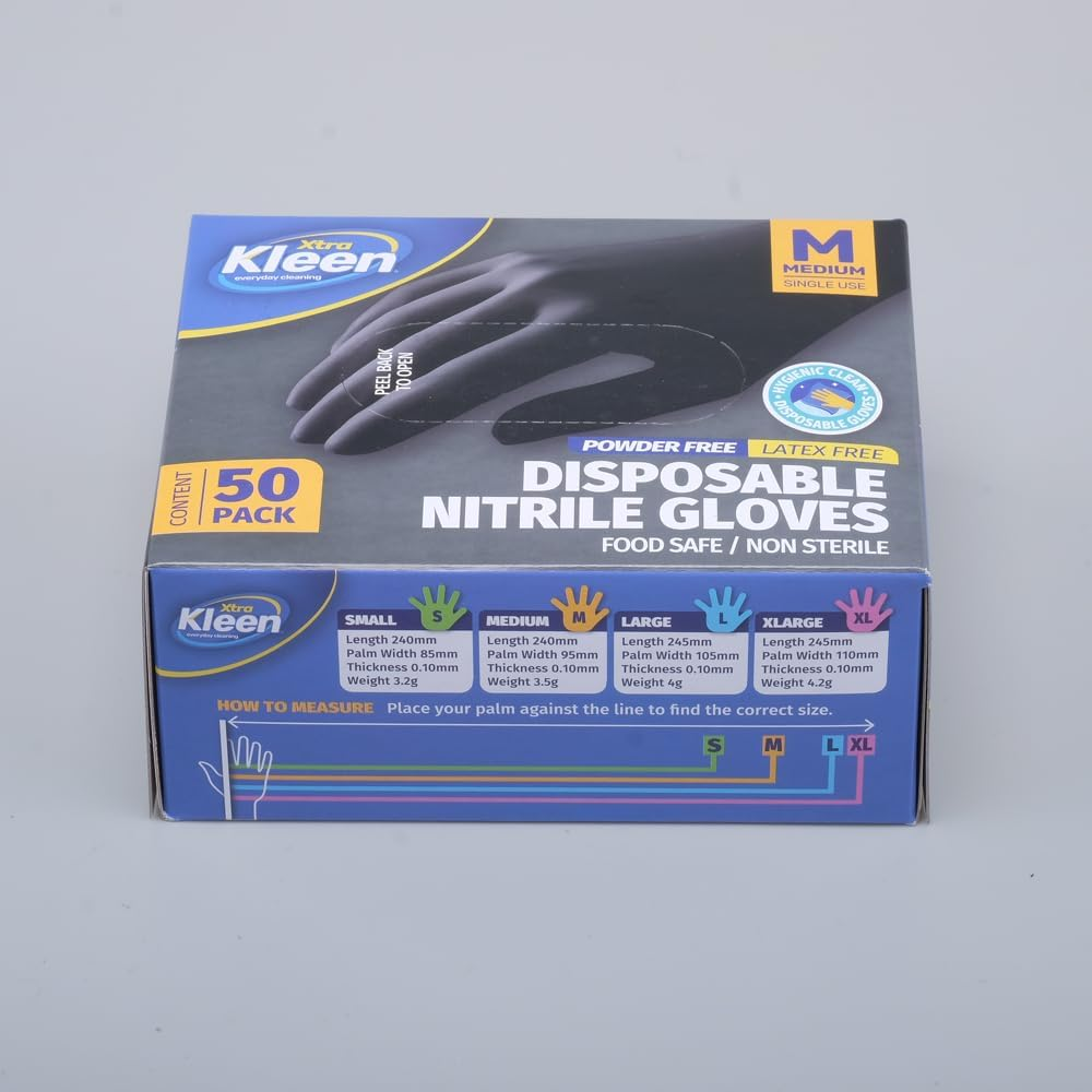 Xtra Kleen Nitrile Powder Free Disposable Gloves, Black, Medium (Pack of 50) image number 3
