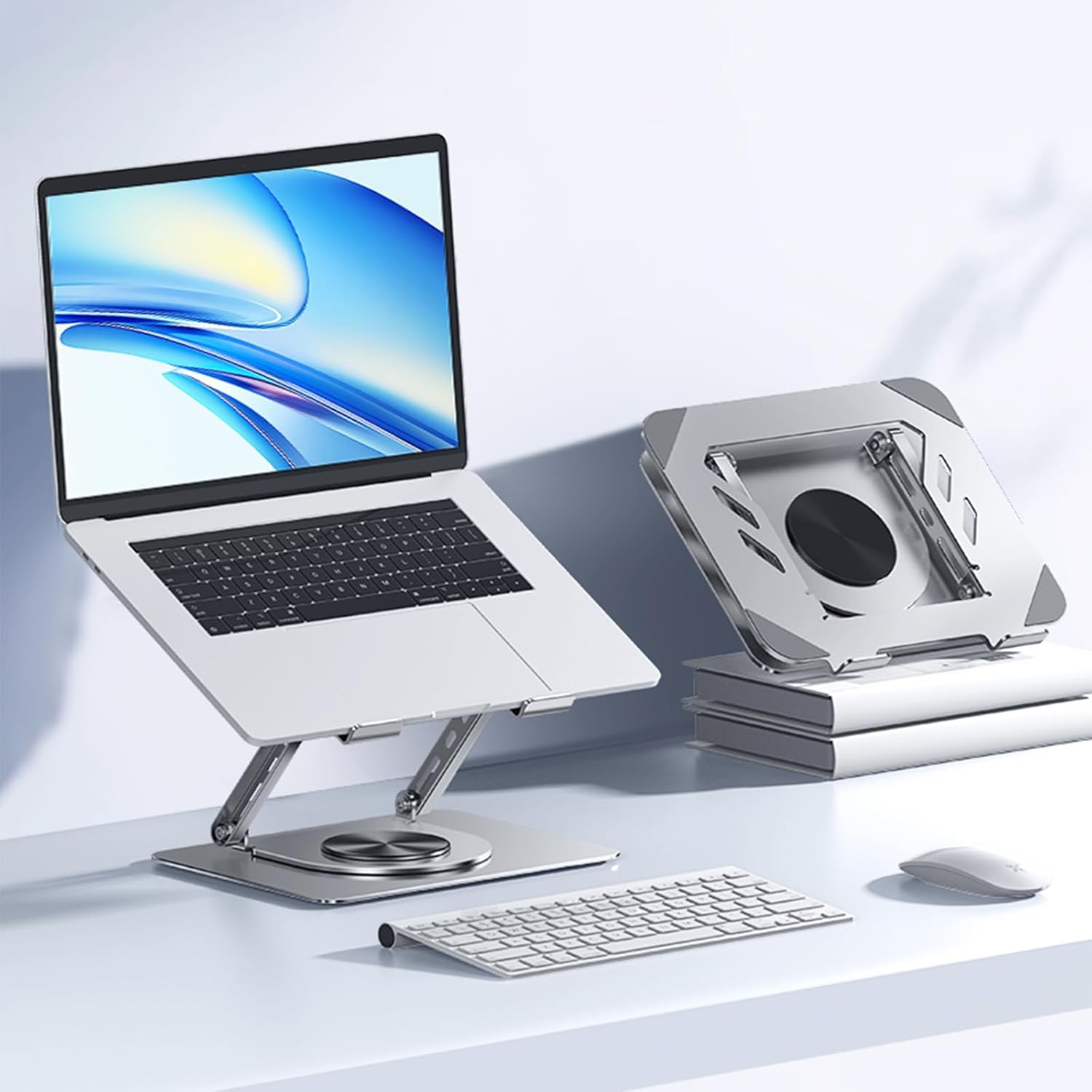 Laptop Stand for Desk, 360&deg; Rotatable Durable Metal Tablet Stand, Adjustable Angle Foldable Portable Sturdy Holder for Macbook, Ipad Pro, Galaxy Tab,Ipad, Dell, HP, Lenovo, Silver