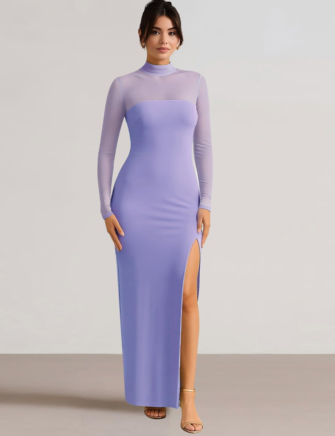 Dedysler Maternity Long Sleeve Maxi Wedding Guest Dress for Baby Shower with Mesh Split Mock Neck Bodycon Casual Pregnancy image number 2