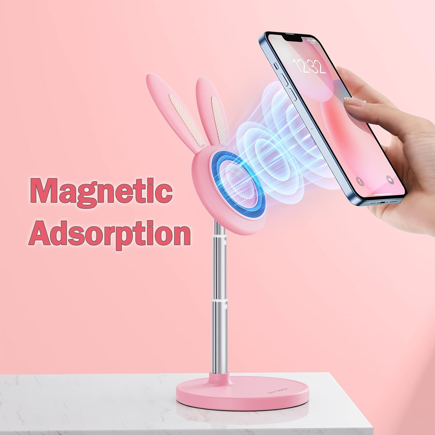 OATSBASF Magnetic Desk Cute Phone Stand for Magsafe, Adjustable Bunny Phone Holder Stand for Iphone 14/13/12, Comes with a Magnetic Patch for All Phones (M-Pink) (TZZJ-P) - Green image number 5