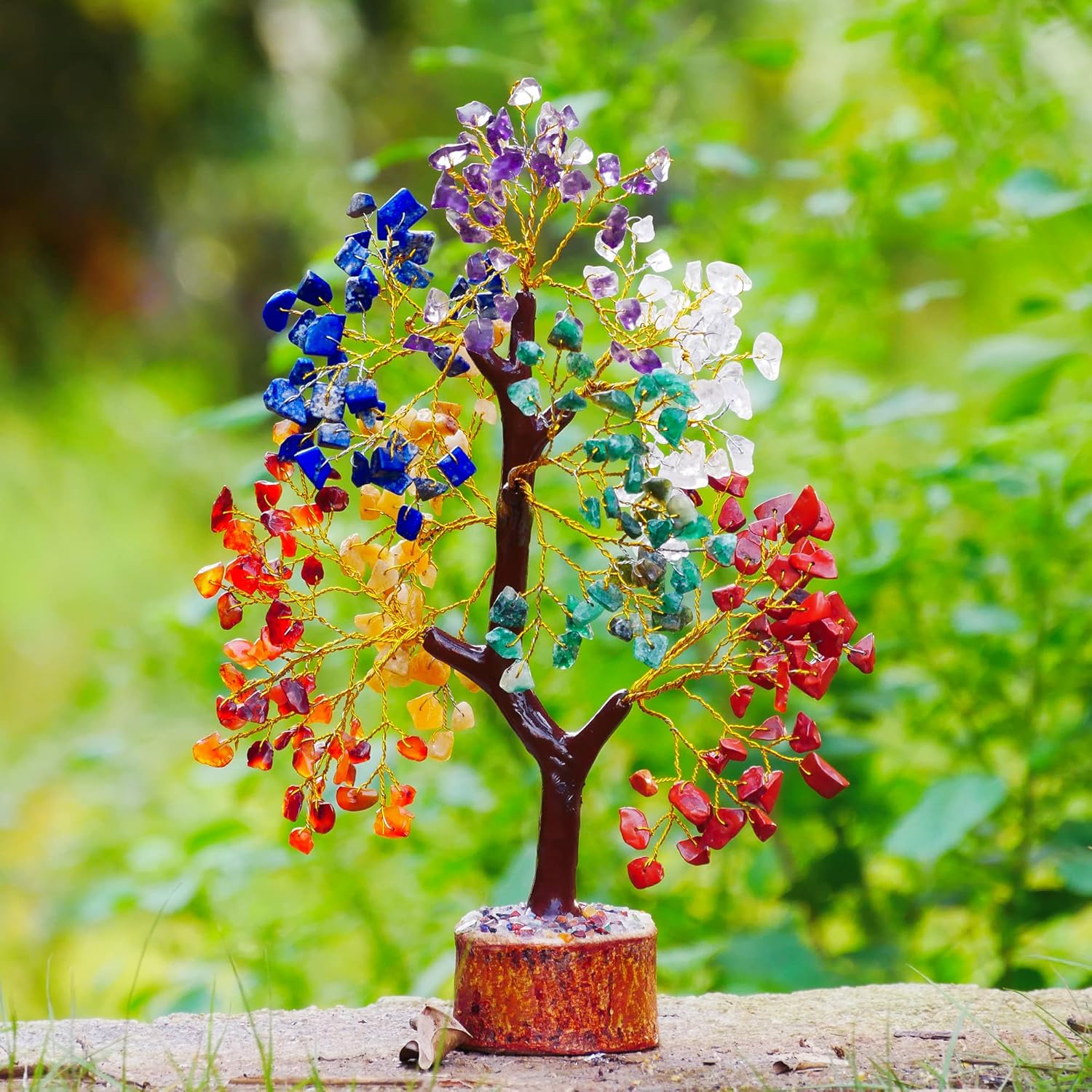 Seven Chakra Healing Gemstone Bonsai Money Tree Crystals Stone Chakra Reiki Feng Shui Gift Home Office Table Decor Wealth Health Prosperity Spiritual Gift Size -10 Inch (Golden Wire) image number 5