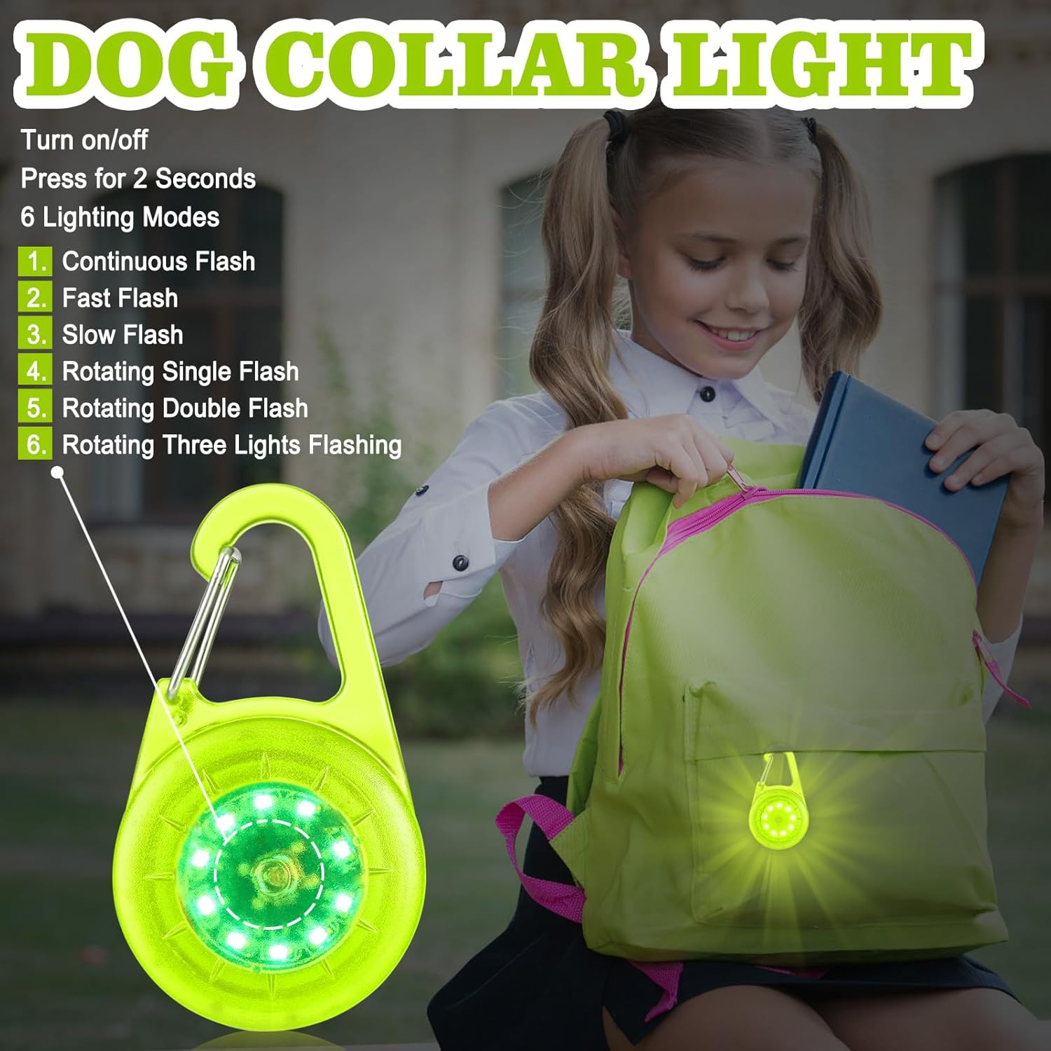 Dog Lights for Night Walking, Lp68 Waterproof USB C Rechargeable Dog Night Light, Steady & Flashing Modes, Safety for Dogs Cats Pet Runner Children Camper (Green)