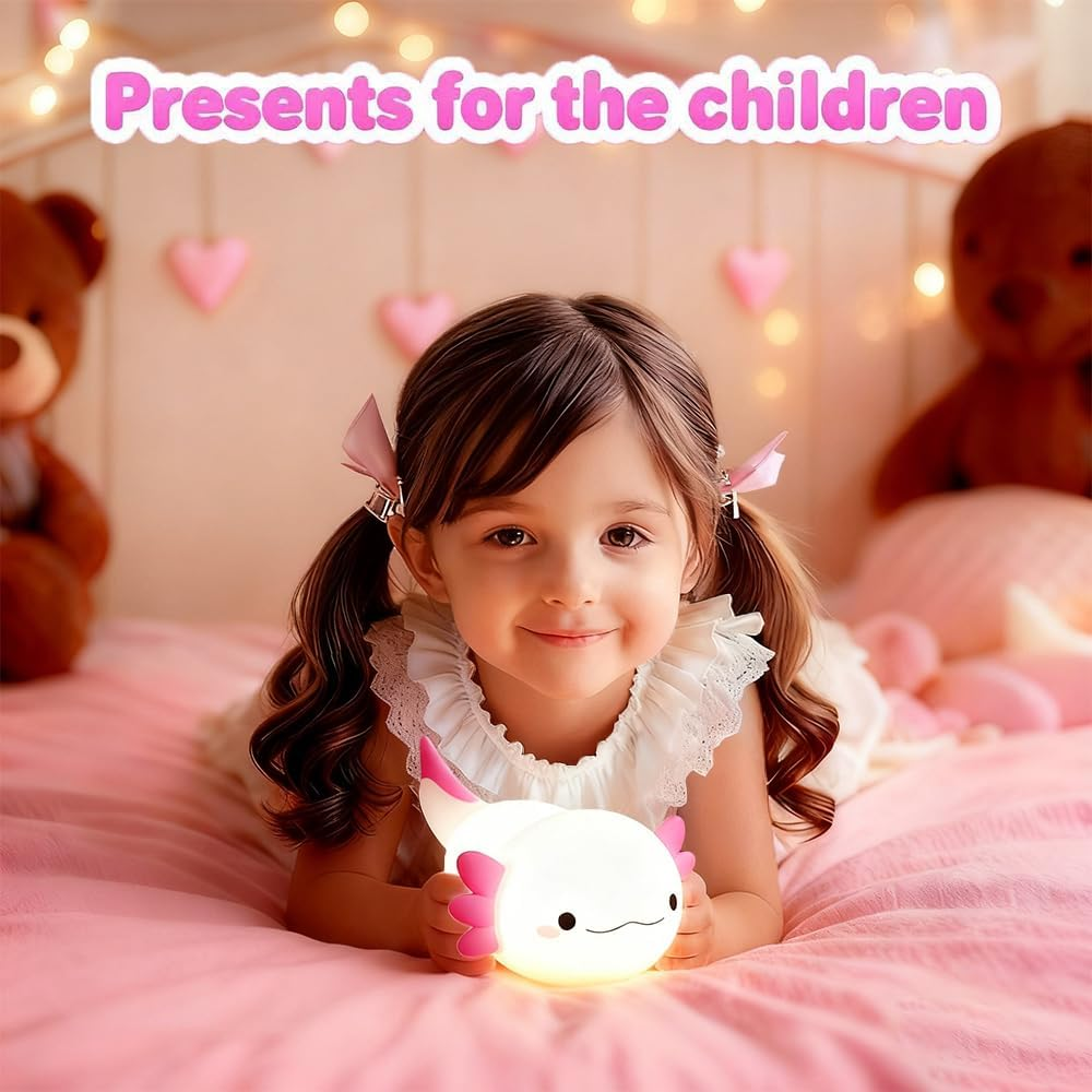 Cute Axolotl Night Light for Kids Bedroom, Animal Silicone Nursery Night Lamp Touch Control Nightlights USB Rechargeable Bedside Lamp for Baby Children Toddlers Girls Gift (Pink Axolotl) - Pink Axolotl 1 image number 4