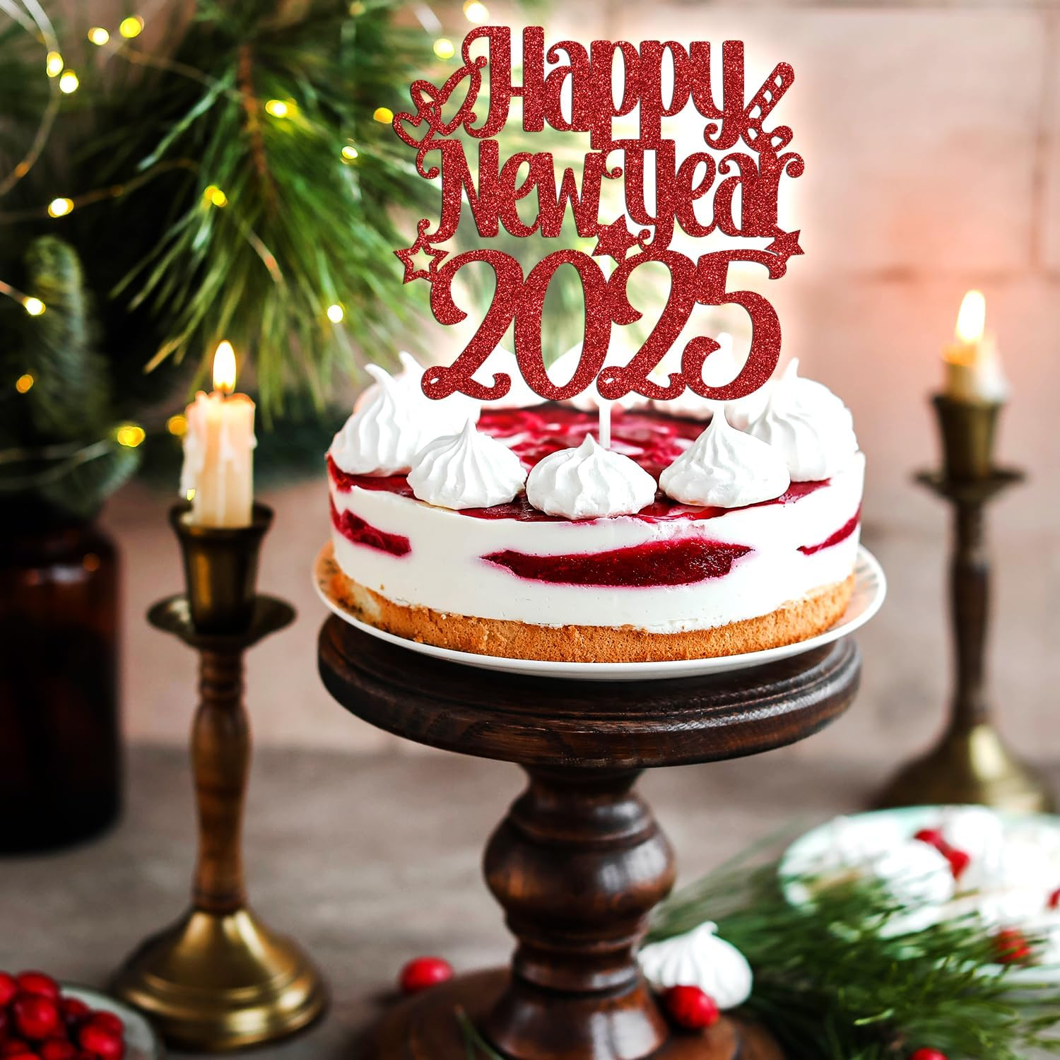 Happy New Year 2025 Cake Topper, Happy Holiday/Merry Christmas Cake Decor, New Year'S Eve Festival Party Decoration Suppllies, Red Glitter image number 6