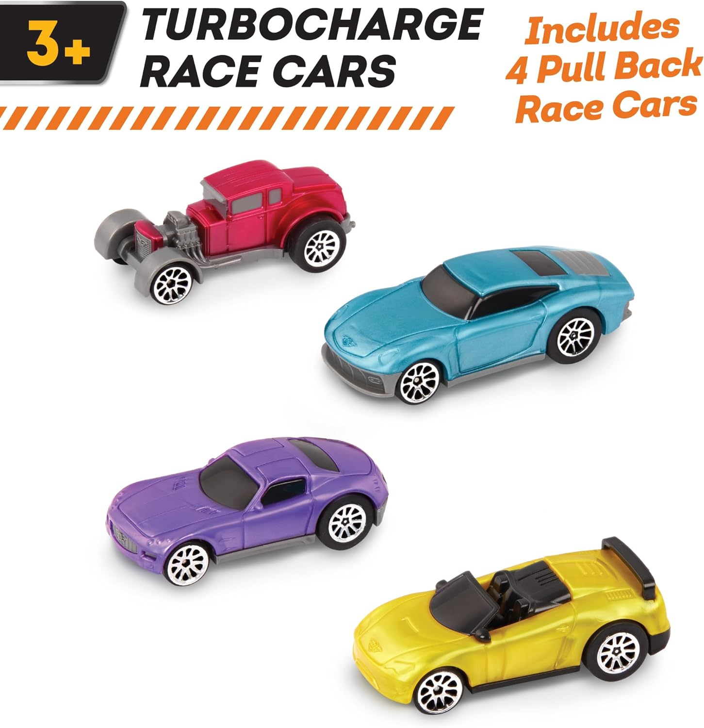 Driven by Battat &ndash; Turbocharge Pullback Vehicles &ndash; Toy Set with 4 Cars &ndash; Race Car Toys and Playsets for Kids &ndash; Toy Pull-Back Cars &ndash; 3 Years + &ndash; Turbocharge - Race Cars (4 Pack)