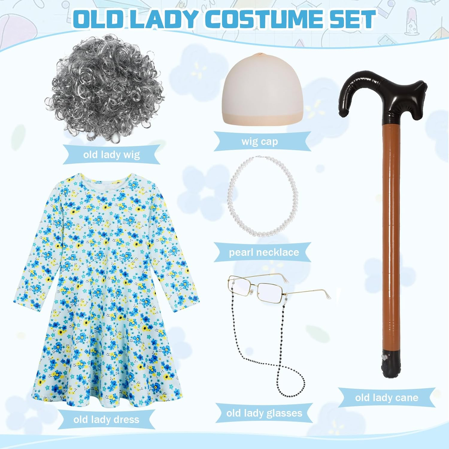 100 Days of School Costume Old Lady Costume for Kids Girls Granny Dress up 100 Year Grandma Halloween Cosplay with Accessories