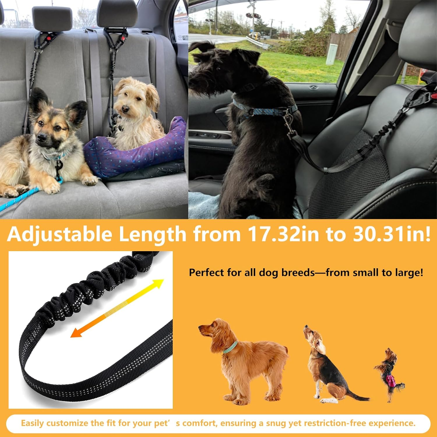Charming Club Adjustable Dog Car Seat Belt Harness - Safe Pet Vehicle Restraint with Shock-Absorbing Bungee, Headrest Clip & Car Guard | Fits Puppy to Large Dogs | Universal for All Cars (Blue-1Pcs) - Black-1Pcs image number 5