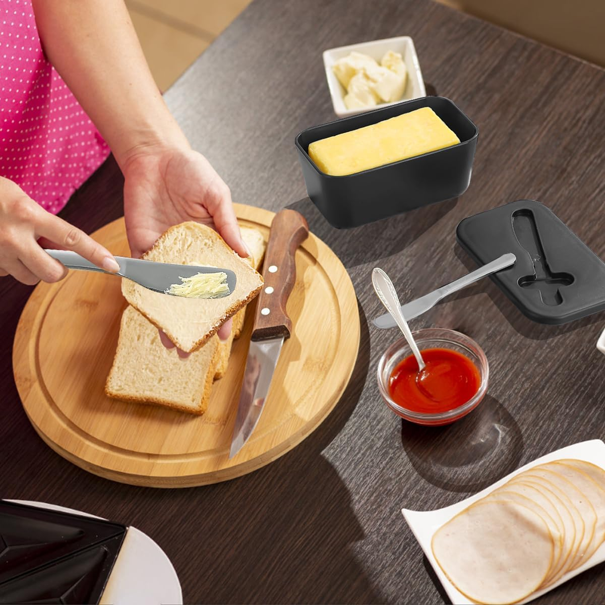 Butter Dish with Lid for Countertop and Refrigerator Door Shelf, Reanea Plastic Butter Holder Tray Container with Butter Knife, Easy Scoop Dishwasher Safe image number 6