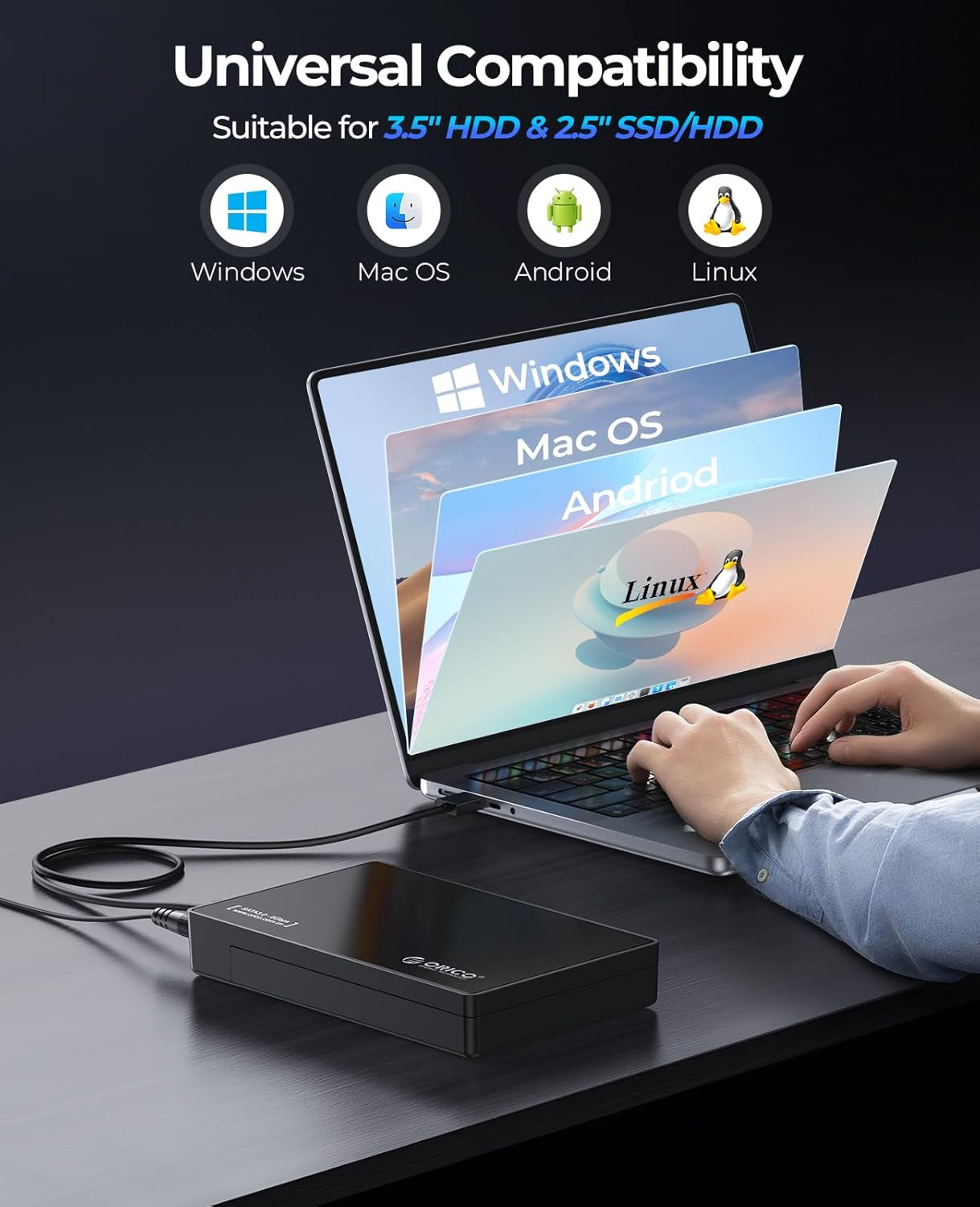 ORICO 3.5" External Hard Drive Enclosure SATA III to USB 3.1 Type C for HDD Tool-Free Installation Supports UASP and 20TB Drives - Black image number 1