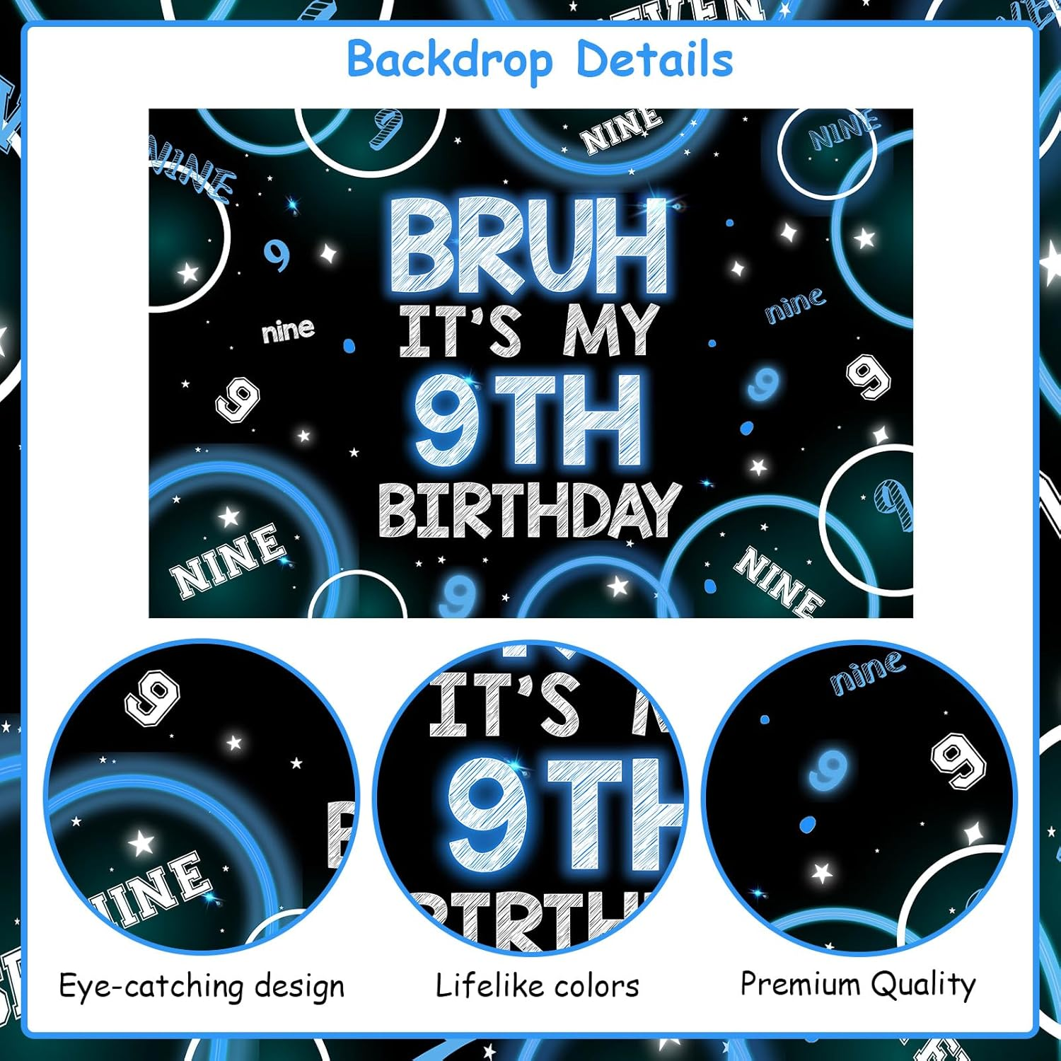 Wonmelody Bruh It&rsquo;S My 9Th Birthday Decor 4.92*3.28Ft Bruh It&rsquo;S My 9Th Birthday Backdrop Banner Blue Black 9Th Birthday Decor for Boy Happy 9Th Birthday Party Supplies Cheers to Nine Years Old Decor image number 3