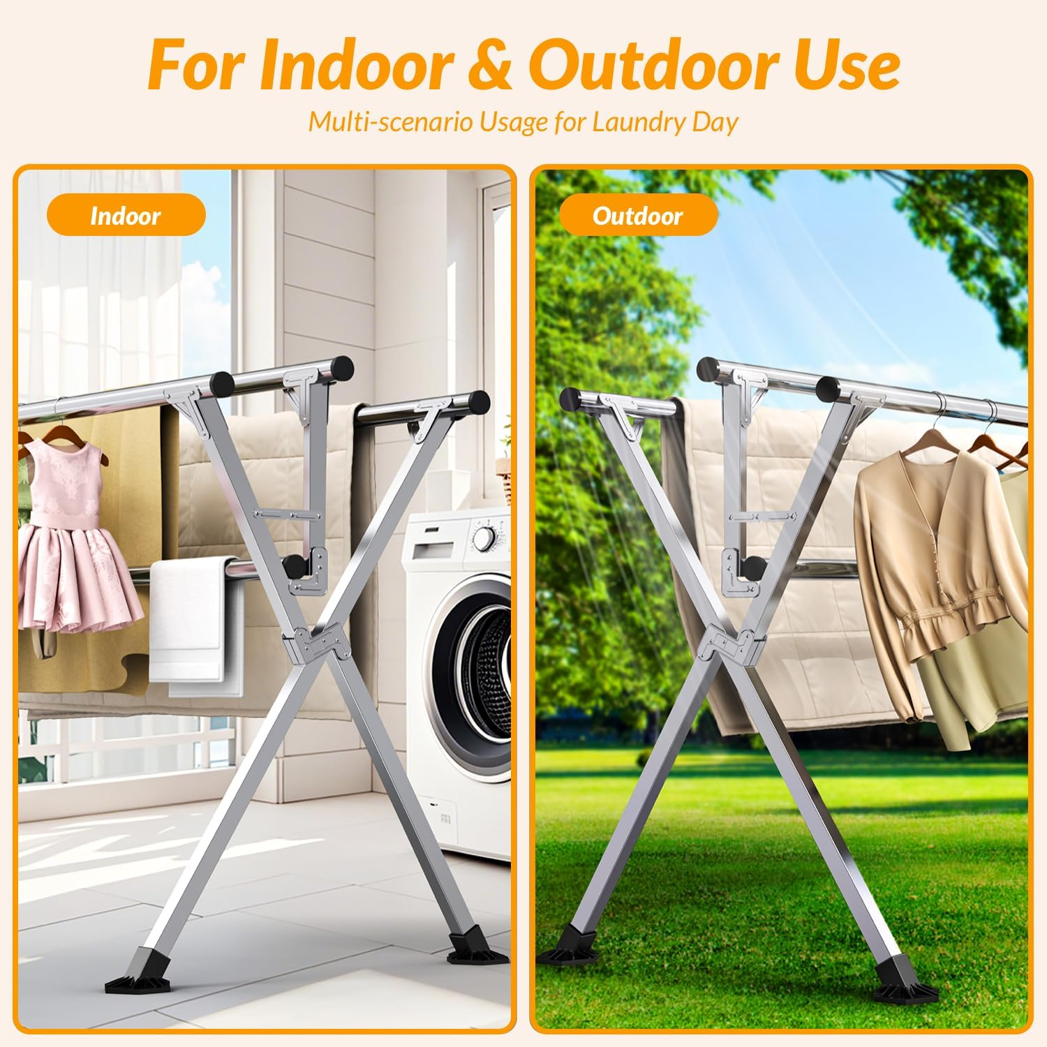 Hormes Clothes Drying Rack, Luxury 2.4M Adjustable Clothes Airer Laundry Drying Rack with 4 Rods, Foldable Stainless Steel Clothes Dryer Stand Horse, 80KG Load, 20 Hooks & 12 Clips for Outdoor Indoor image number 1