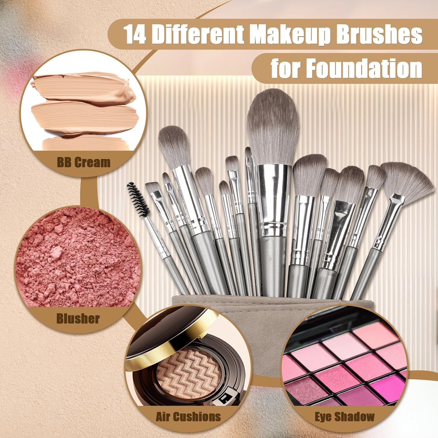 Makeup Brushes, 14 Pcs Professional Makeup Brush Set, Eye and Face Foundation Brush Set, Eyeshadow Brushes, Cosmetic Brushes, with PU Bag, Grayish image number 1