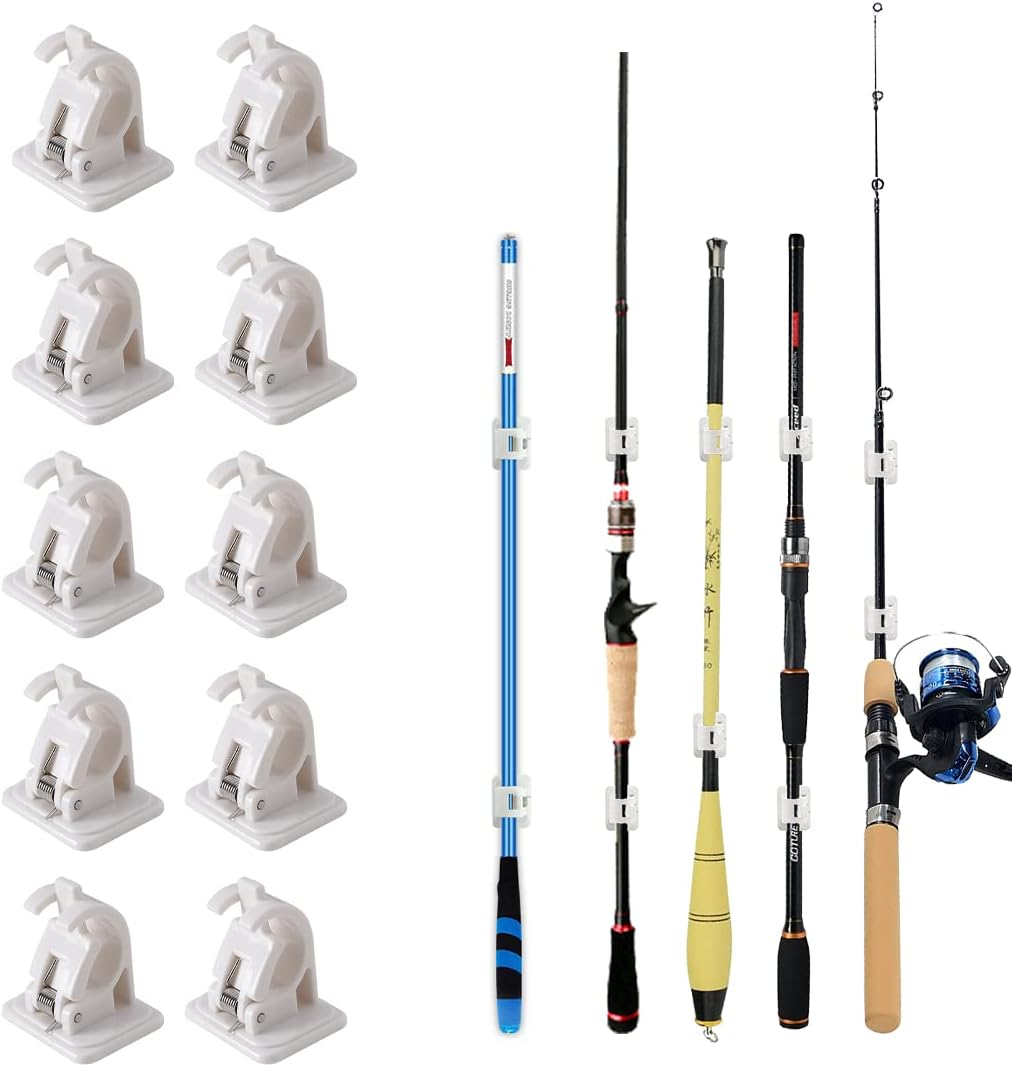 Fishing Rod Clips with Screws - Wall Mounted Holder for Poles, Cues, Curtain Rods - 10Pcs Storage Rack Organizer Brackets