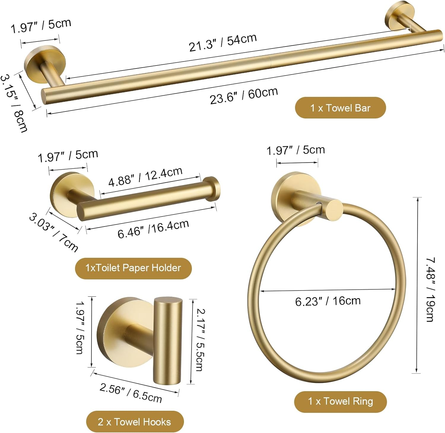 TURS Brushed Gold 5 Piece Bathroom Hardware Set, SUS304 Stainless Steel 24 Inch Bath Towel Bar Set, round Bathroom Accessories Kit Wall Mounted - Brusehd Dark Gold image number 6