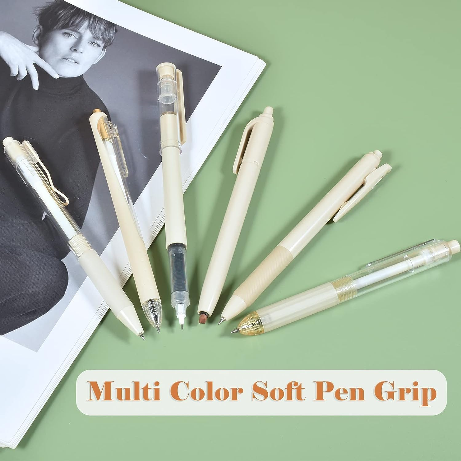 5Pcs Gel Pens and 1Pc Highlighter, Quick Dry Ink Pen Fine Point Black 0.5Mm, Aesthetic Retractable Rolling Ball Pen Smooth Writing for Journaling Notetaking (Black) image number 5