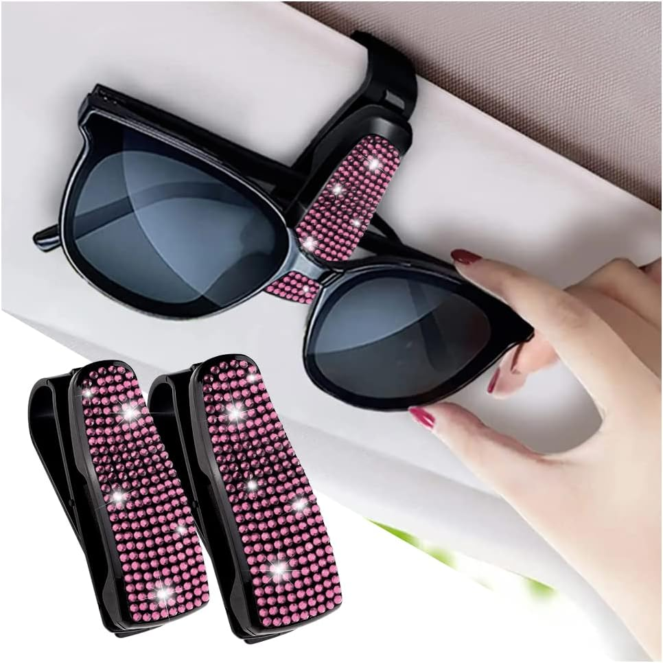 Turcee Set of 2 Bling Rhinestone Car Sun Visor Glasses Holders with Anti-Scratch Sponge,Car Decoration for Women Girls,Ticket Card Clip Visor Organizer,Universal Rhinestone Car Accessories (Colorful)