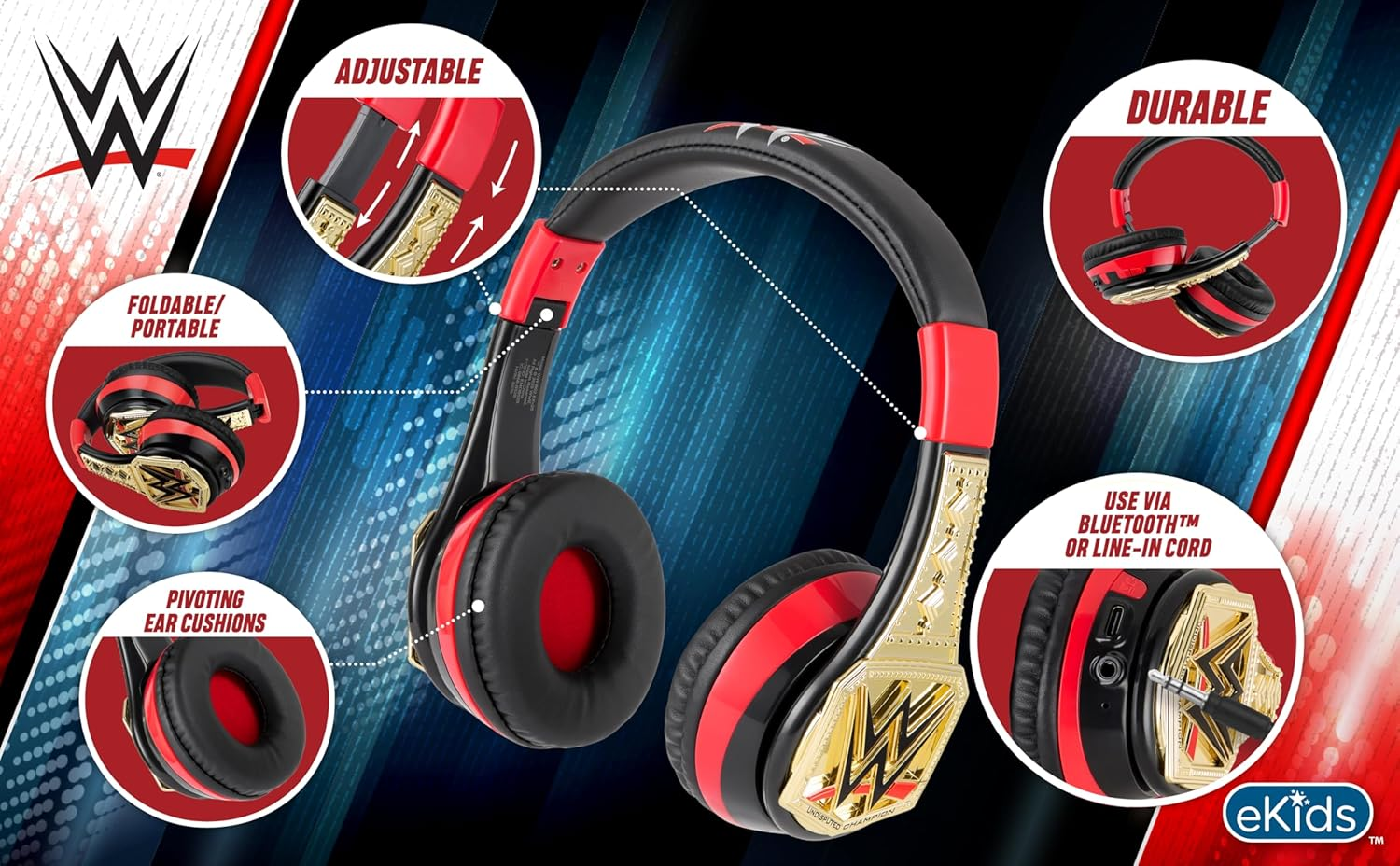 Ekids WWE Bluetooth Headphones, Wireless Headphones with Microphone Includes Aux Cord, Kids Earphones for School, Home, or Travel image number 4