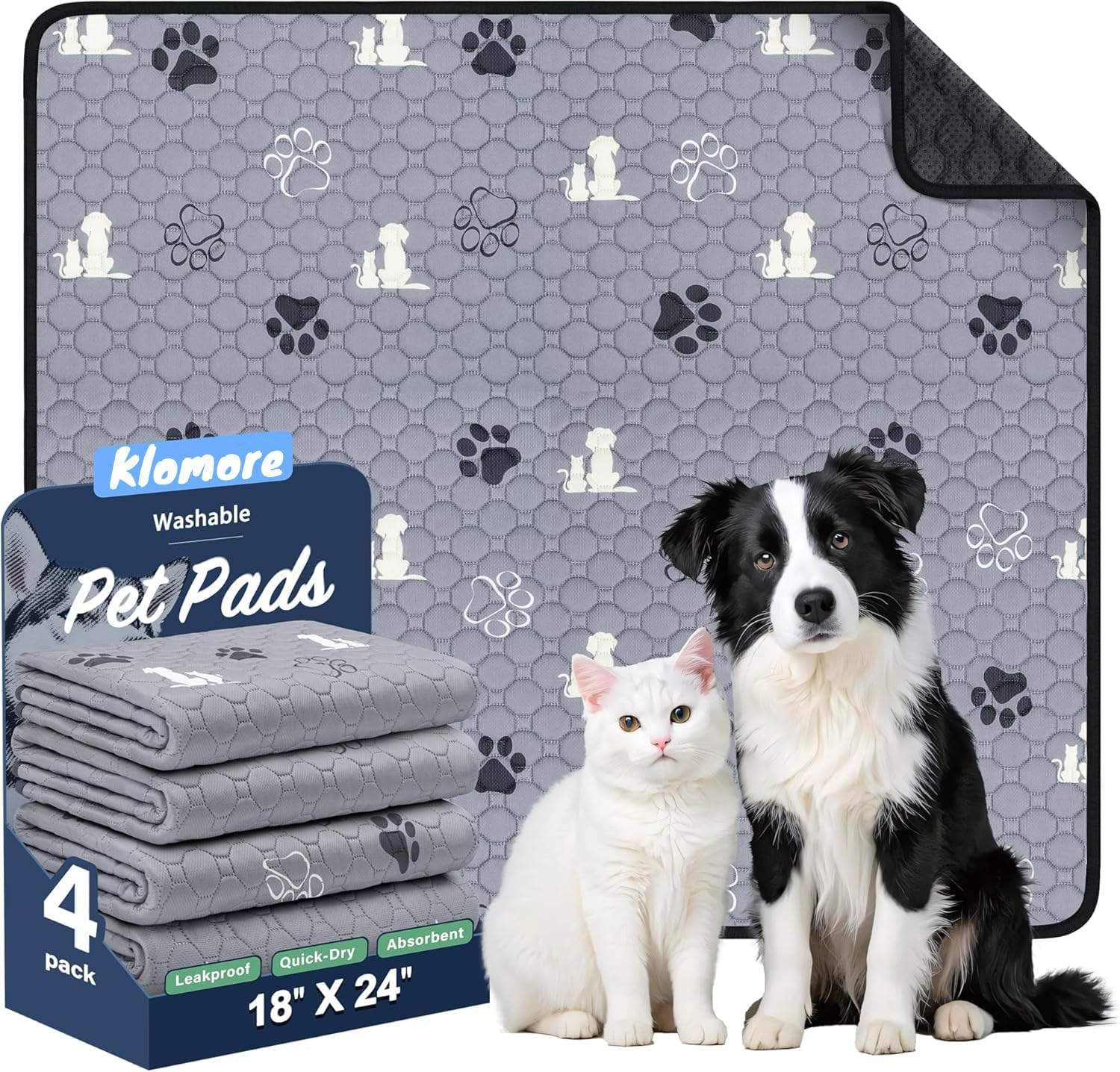 Washable Pee Pads for Dogs, 4 Pack Absorbent Reusable Training Dog Pads Pet Puppy Pads, Non-Slip Potty Pads for Whelping, Playpen, Crate, Bed, Grey 18"X24"