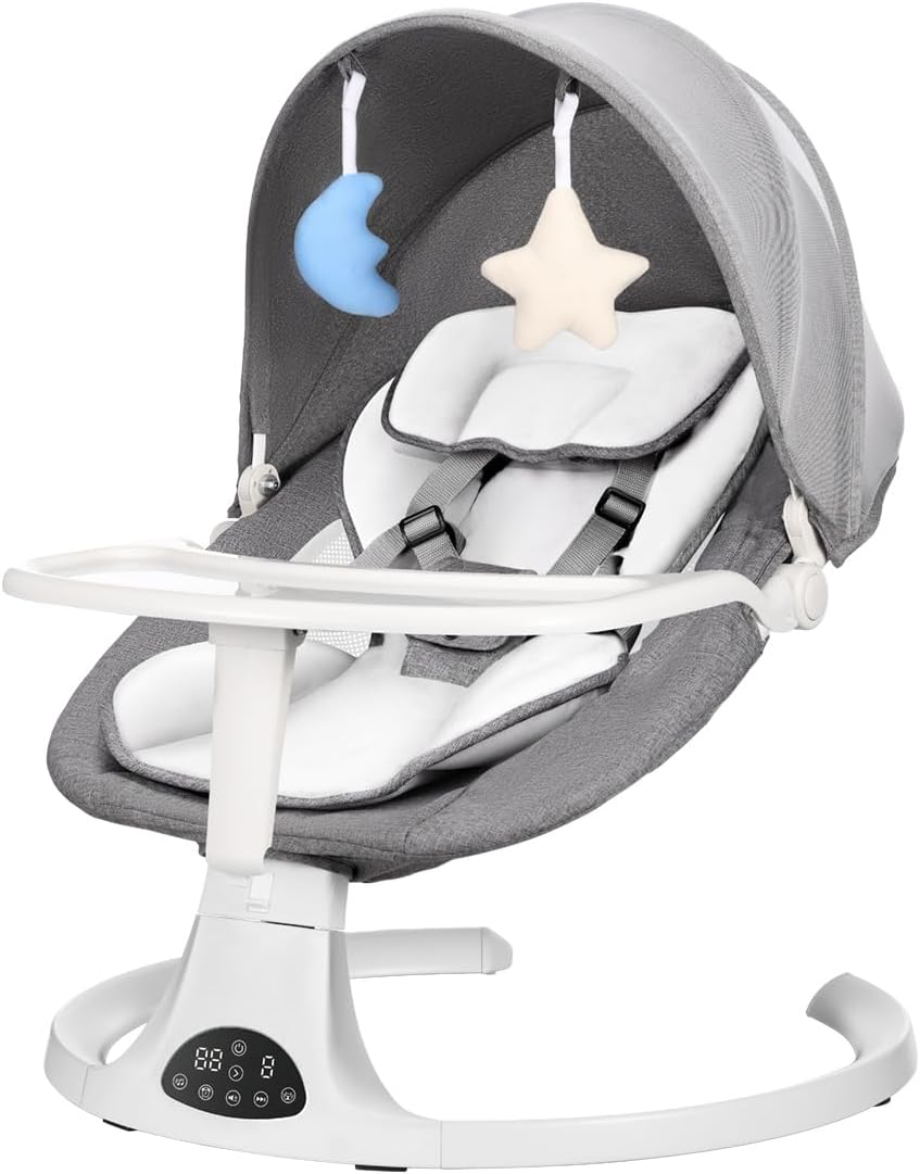 TNF Baby Bouncer for Infants, Portable Baby Swing Electric with 5 Point Harness, 5 Speeds and Music, Baby Bouncer with Machine Washable Seat Cover, Two Dolls and a Mosquio Net, Gray