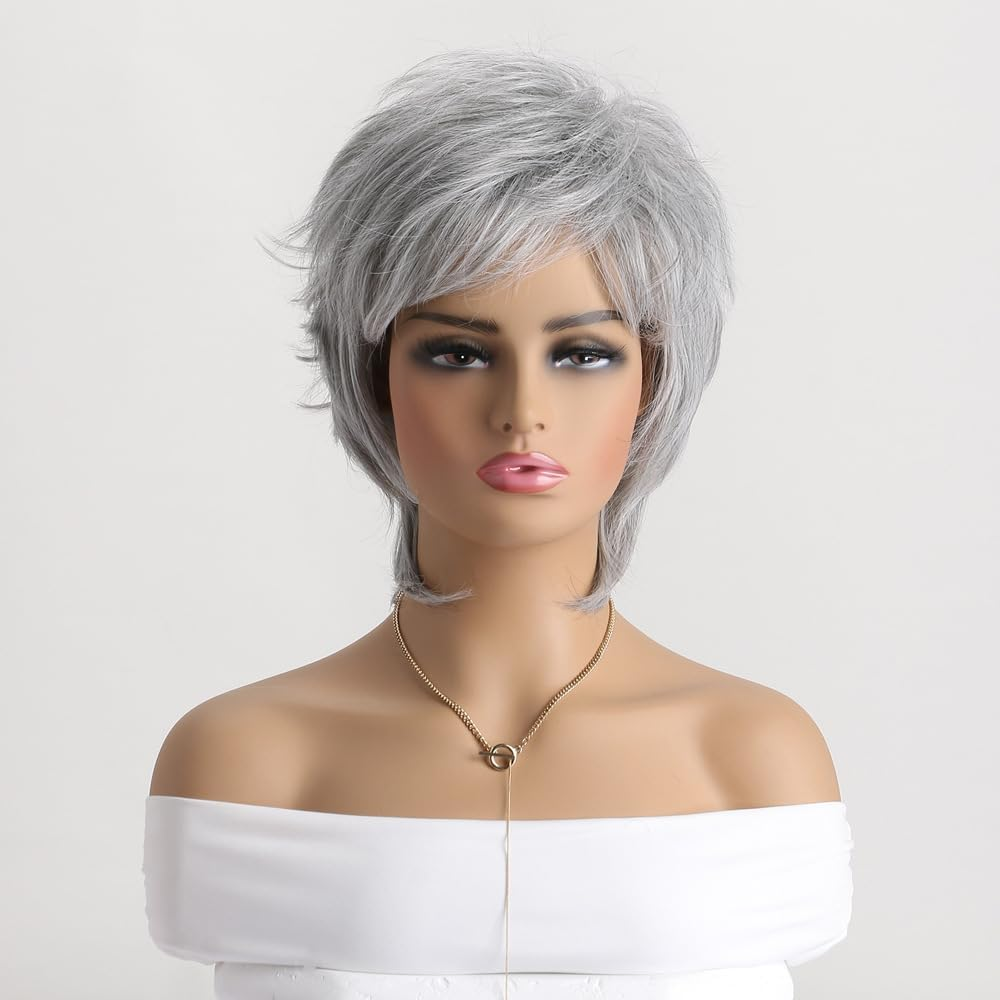 AUBWIG Long Soft Silver Grey Shaggy Tiered Wigs for Women Shoulder Length Tiered Natural Shaggy Wig with Fringe Synthetic Wig (Silver Grey) image number 5