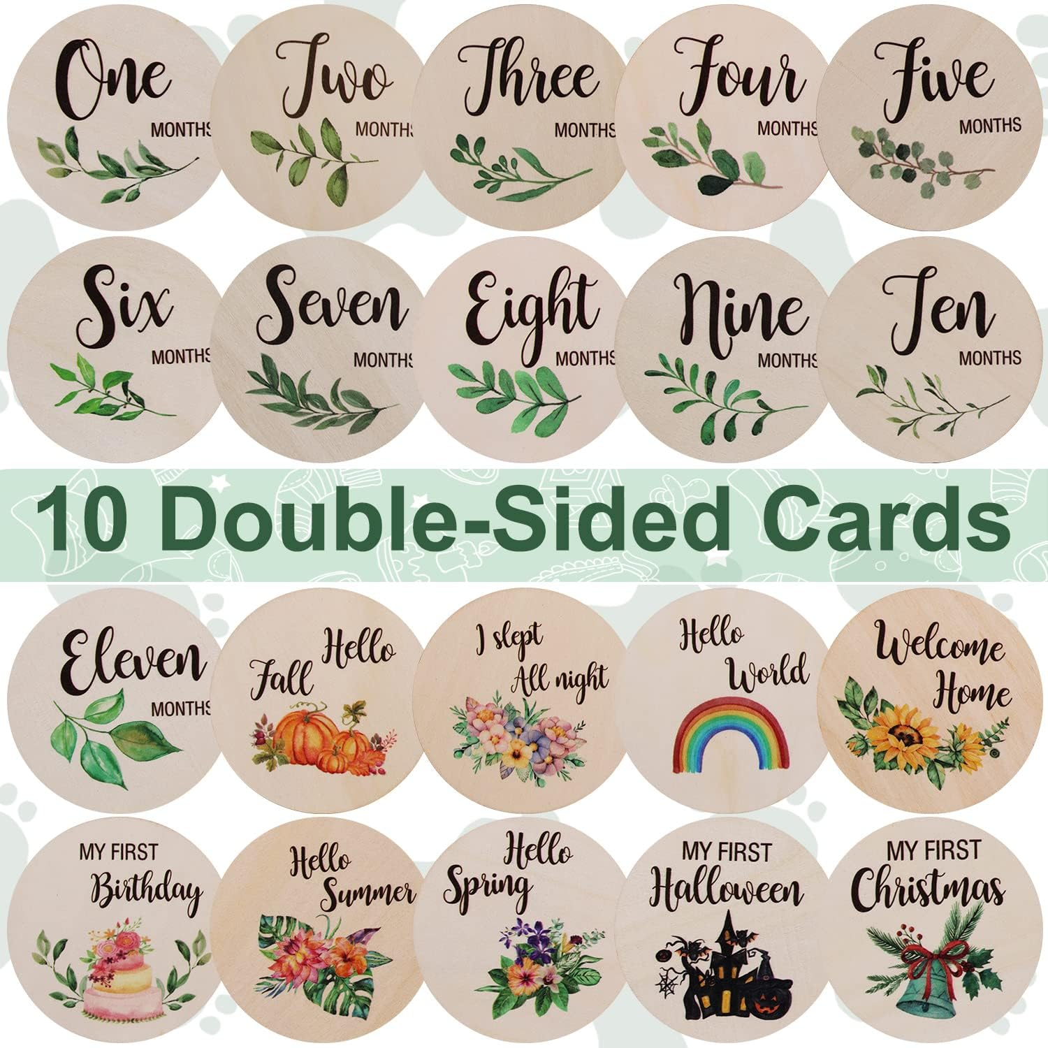 10Pcs Baby Monthly Milestone Cards Sign, round Double Sided Wooden Newborn Sign Baby Announcement Sign for Photo Prop Baby Festivals Gift Nursery image number 5