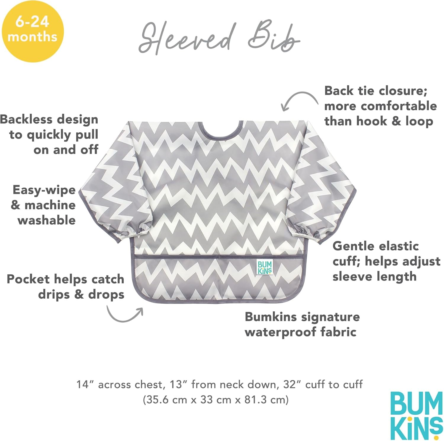 Bumkins Waterproof Sleeved Bib, Gray Chevron (6-24 Months) - Arrow image number 3