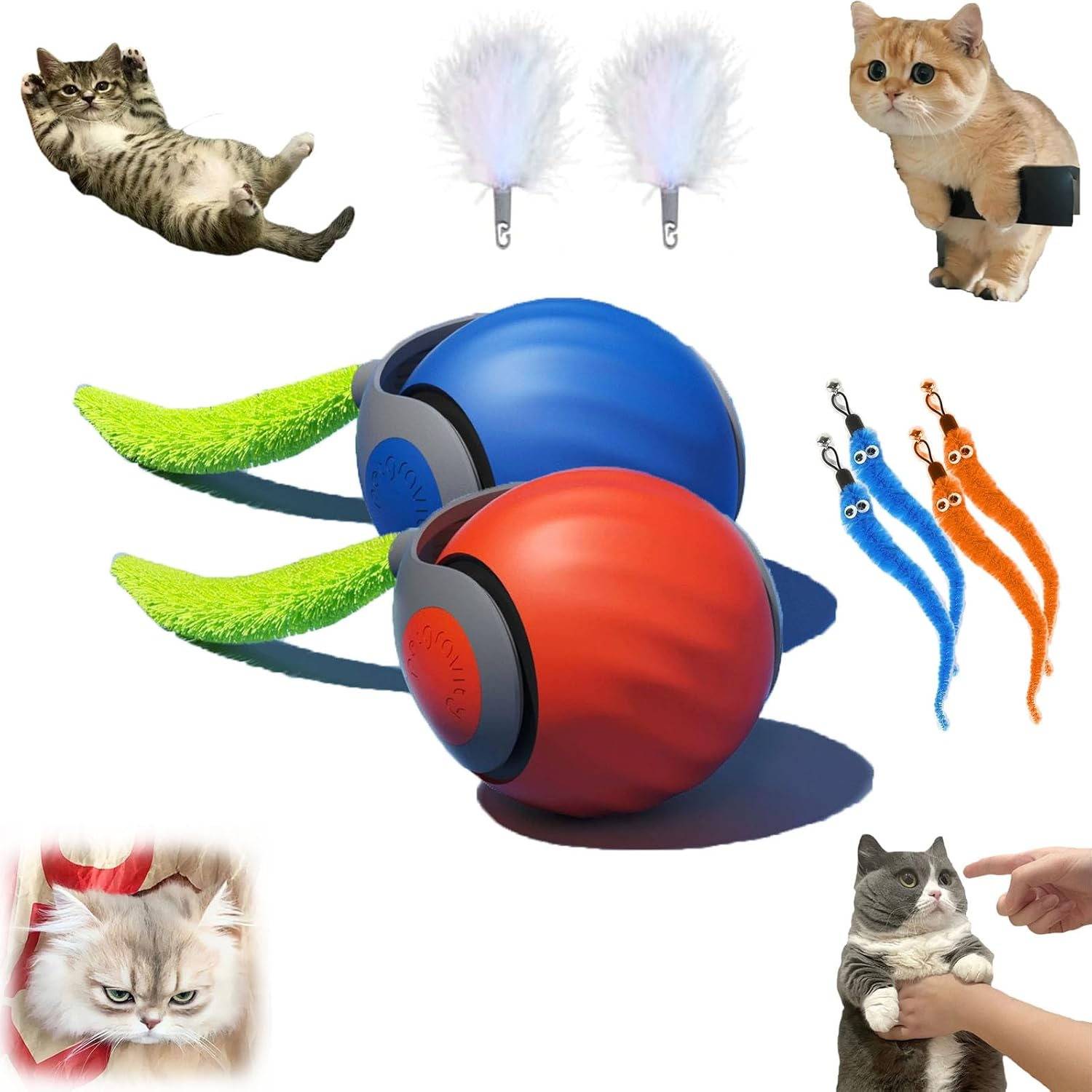 [More Tails] Speedy Tail 2.0 - with 4 Tails, Automatic Moving Cat Toy Ball with Tail, Smart Interactive Cat Toy Ball, Interactive Cats Toys for Indoor, Pet Chase Toy, Two Speed Adjustment (Blue)