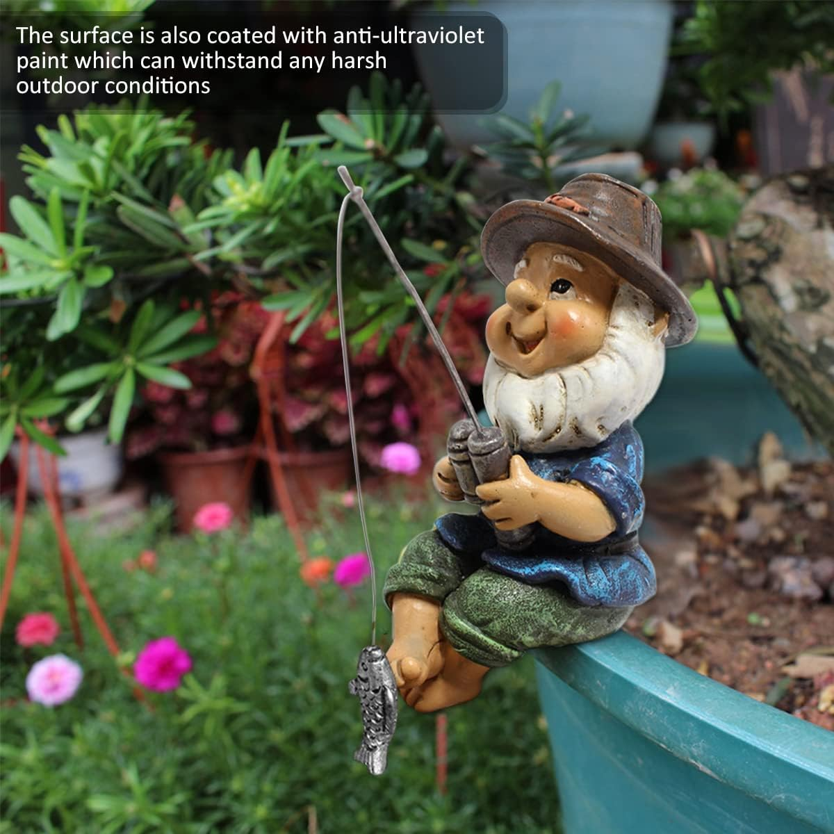 Garden Ornament Outdoor - Fishing Gnome Statue Resin Figurine Dwarf Sculpture for Pond Lawn Yard Decorations