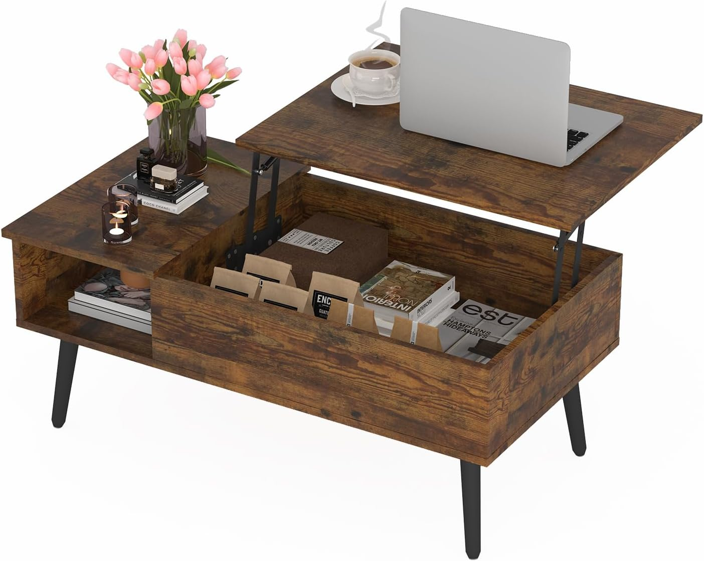 Advwin Lift Top Coffee Table with Hidden Large Compartment and Storage Shelf for Living Room Small Apartment Office Rectangle Wood Coffee Table Walnut