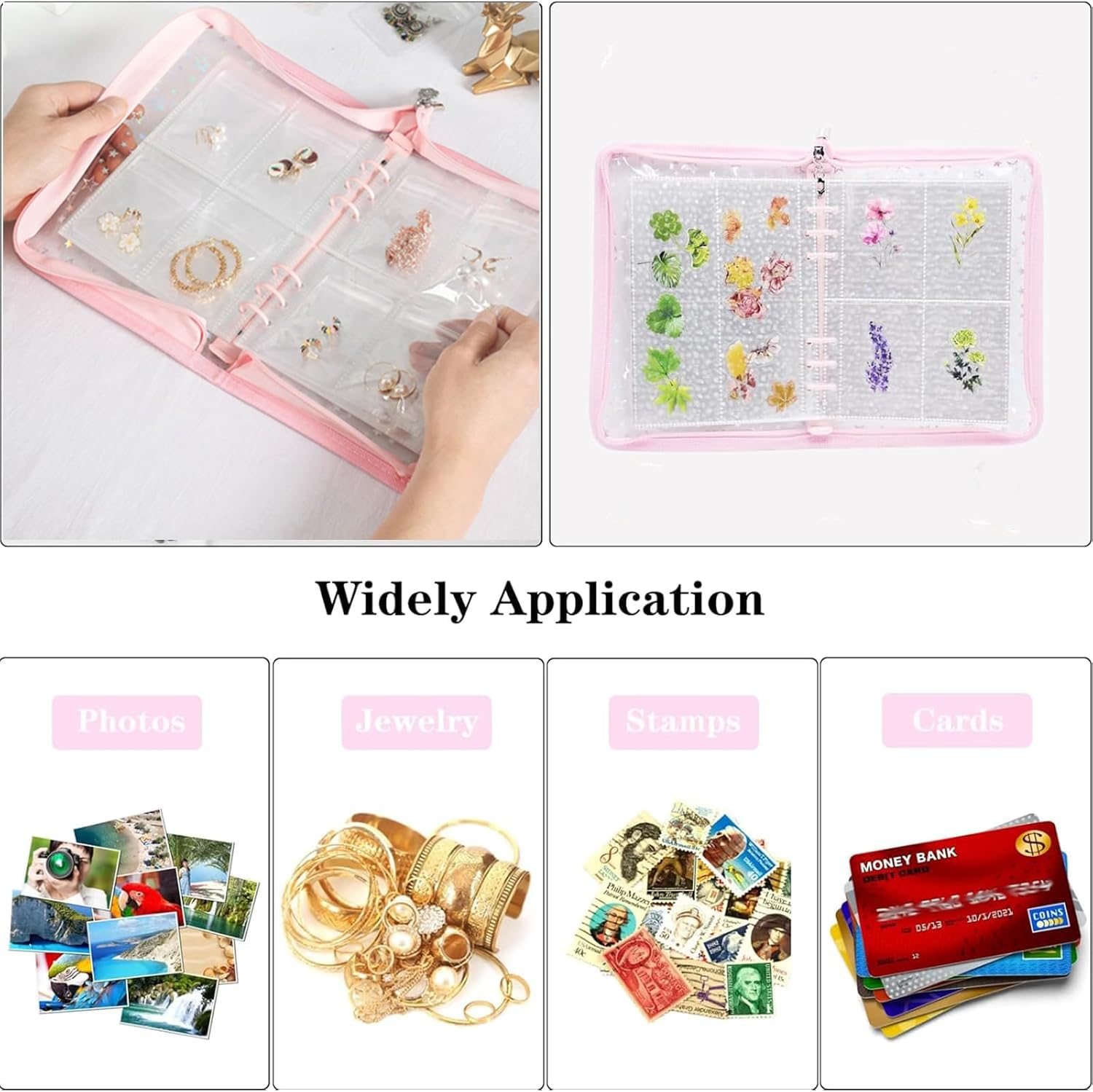 Transparent Zipper Sticker Storage Organizer Binder Album, 90 Pockets for Jewelry, Scrapbook & Collecting Stickers (Pink) - Blue image number 5