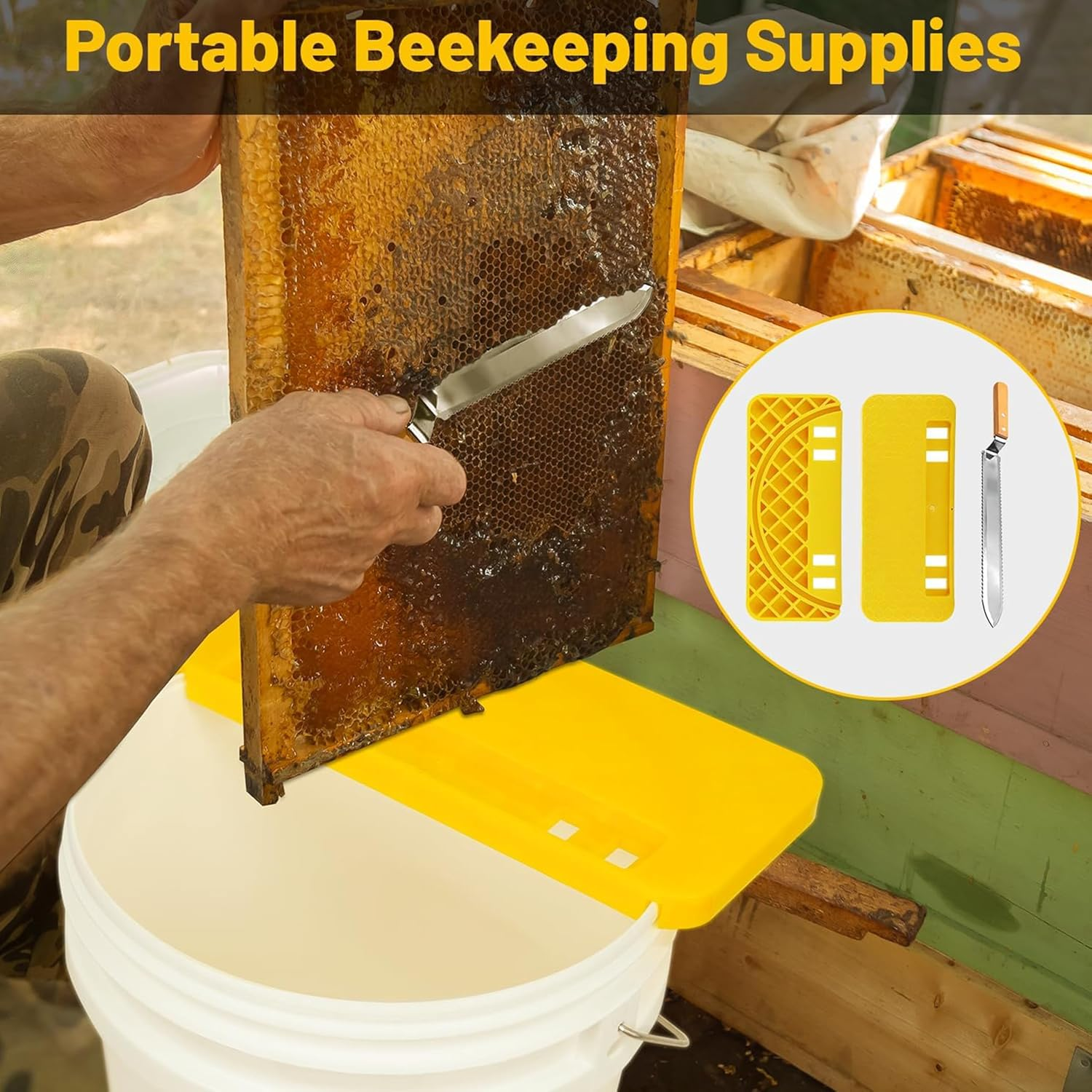 Beekeeping Uncapping Tank Set, Stainless Steel Serrated Knife, Plastic Honey Bucket Scraper, Black and Transparent, Honey Harvesting Equipment image number 4